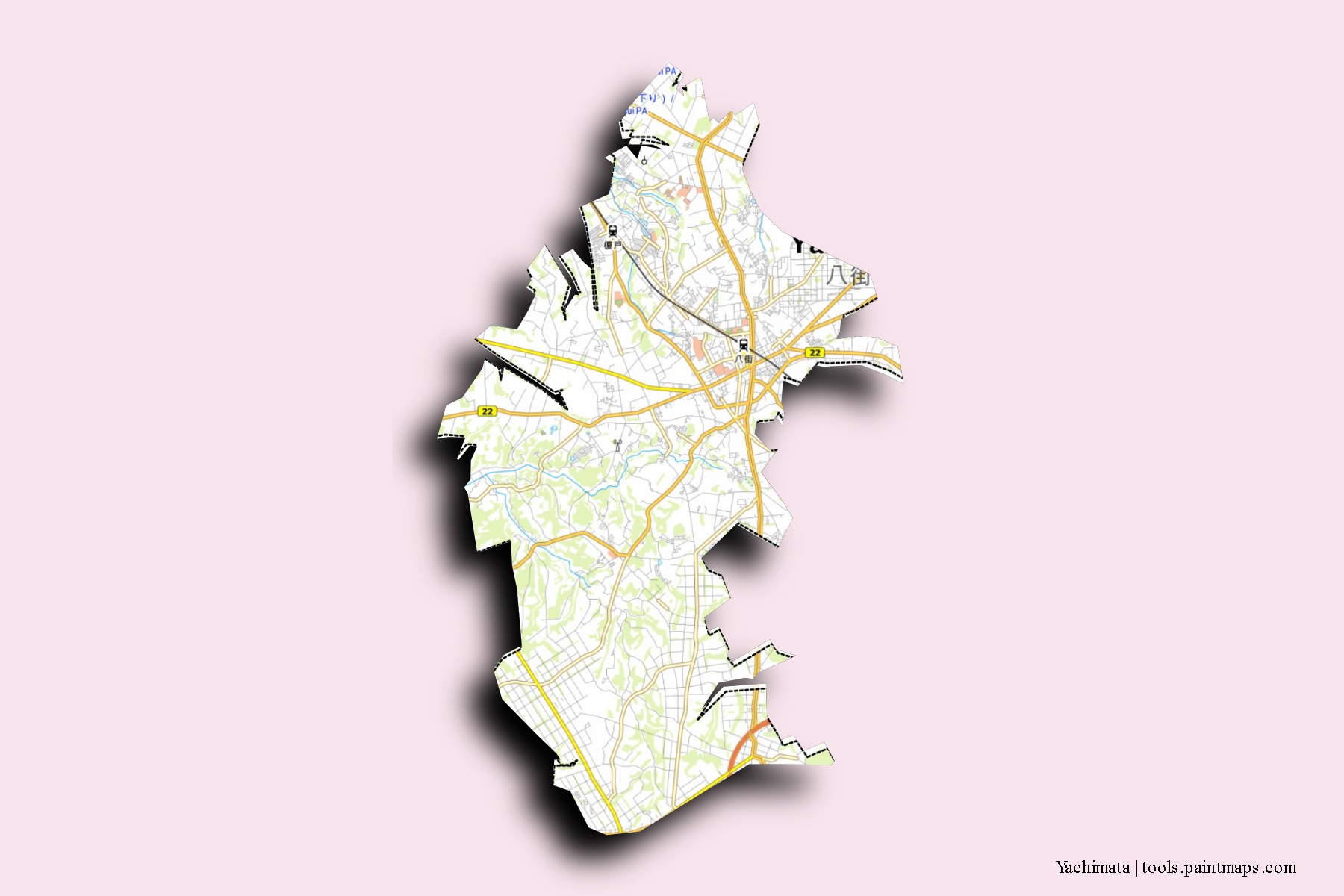 Mapa de barrios y pueblos de Yachimata con efecto de sombra 3D