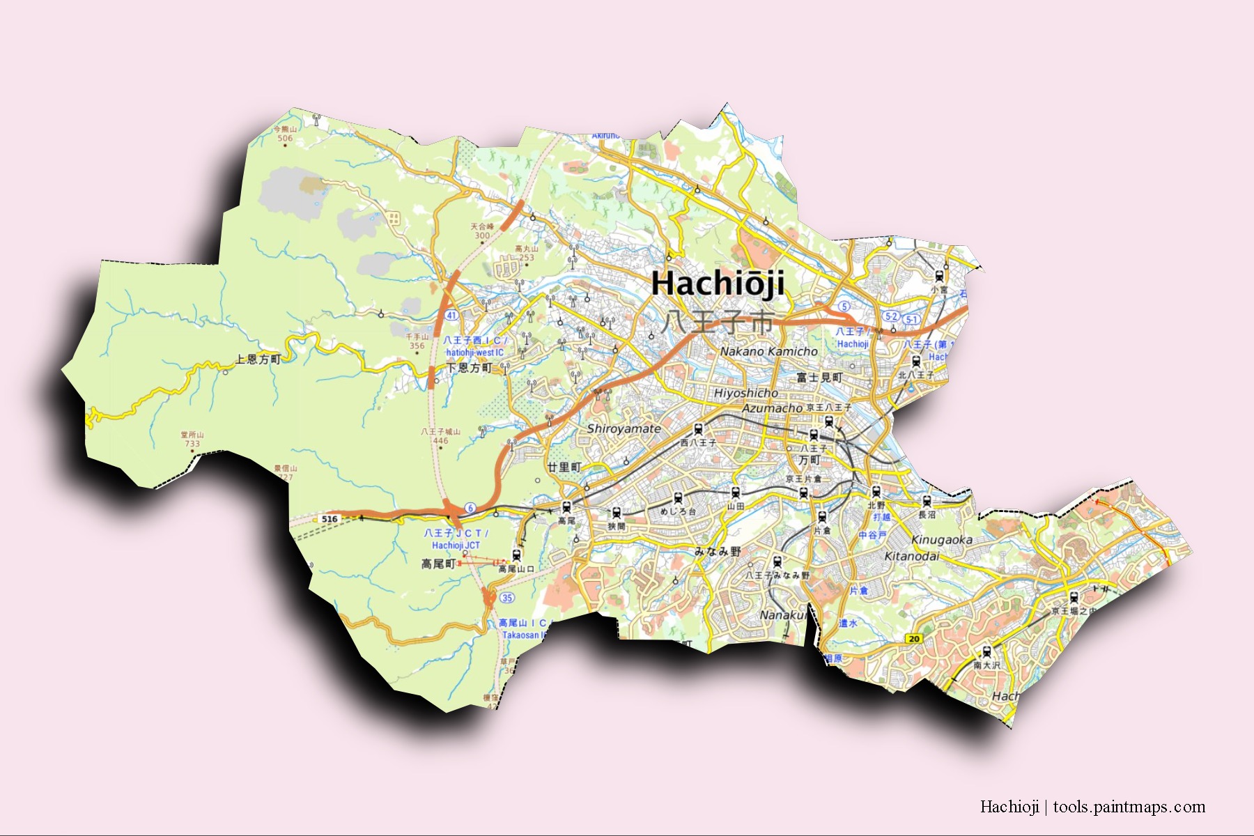 Mapa de barrios y pueblos de Hachioji con efecto de sombra 3D