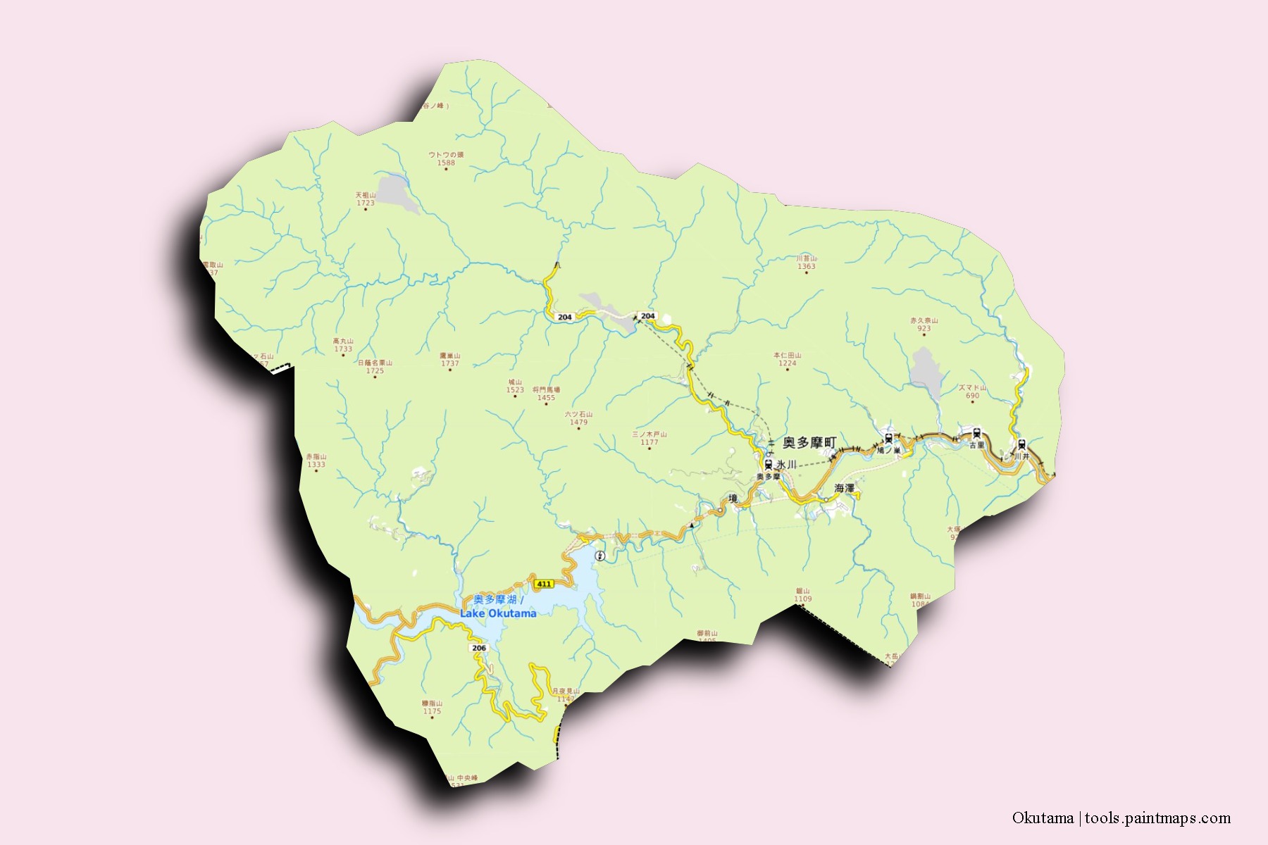 Mapa de barrios y pueblos de Okutama con efecto de sombra 3D