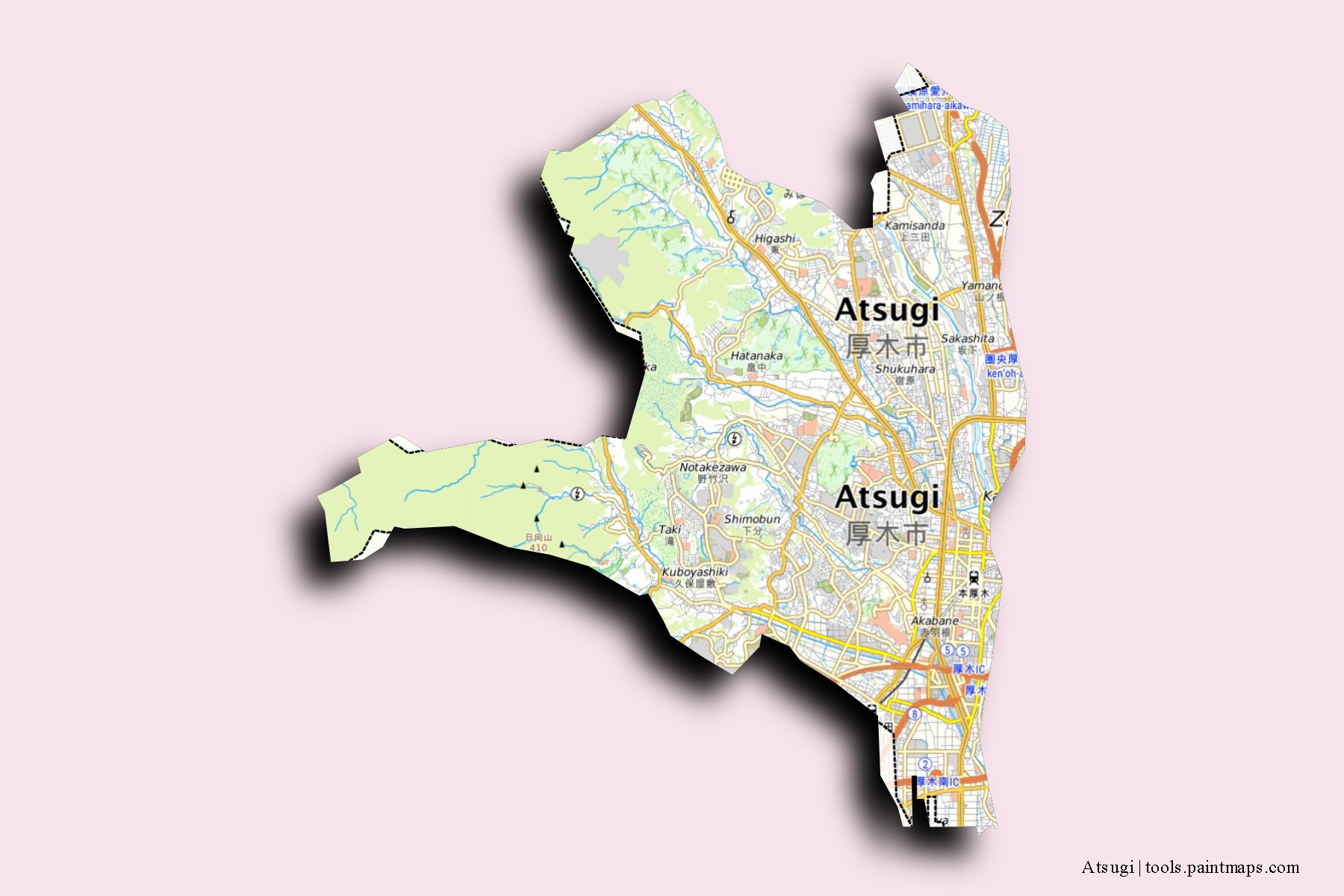 Atsugi neighborhoods and villages map with 3D shadow effect