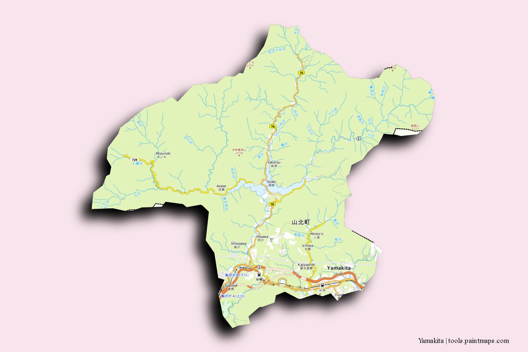 Yamakita neighborhoods and villages map with 3D shadow effect