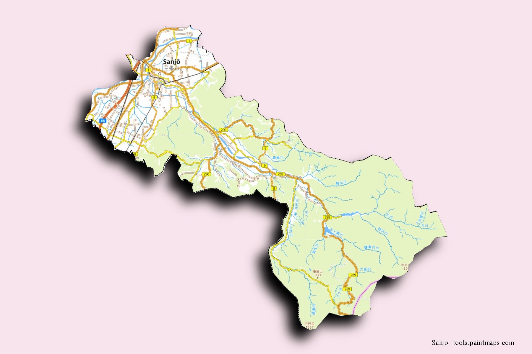 Sanjo neighborhoods and villages map with 3D shadow effect