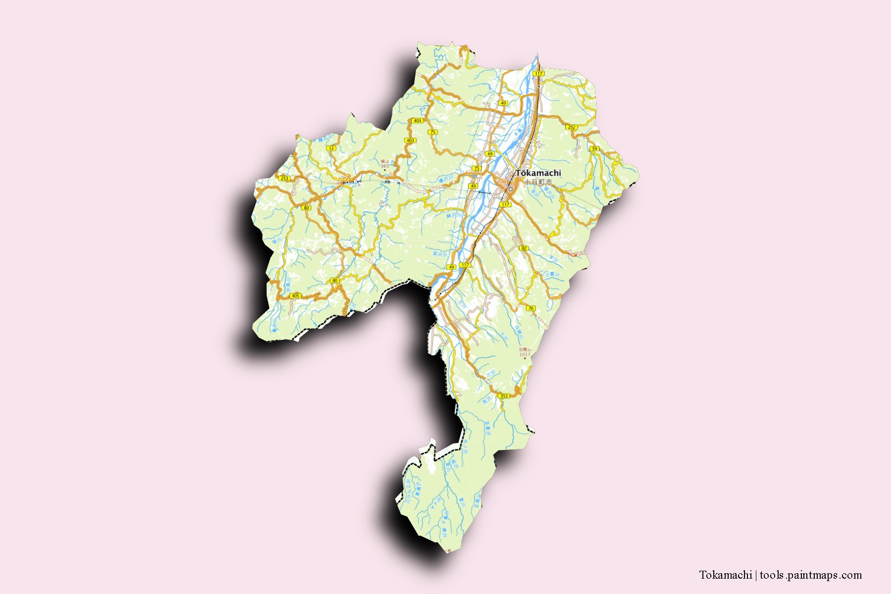 Mapa de barrios y pueblos de Tokamachi con efecto de sombra 3D