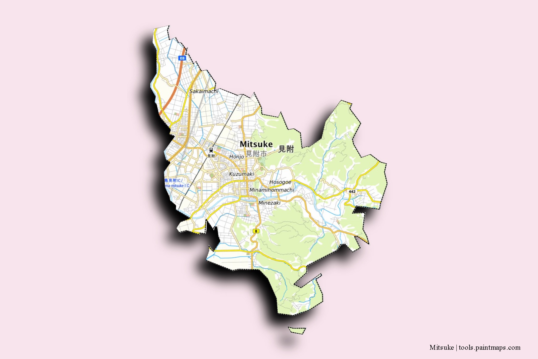 Mapa de barrios y pueblos de Mitsuke con efecto de sombra 3D