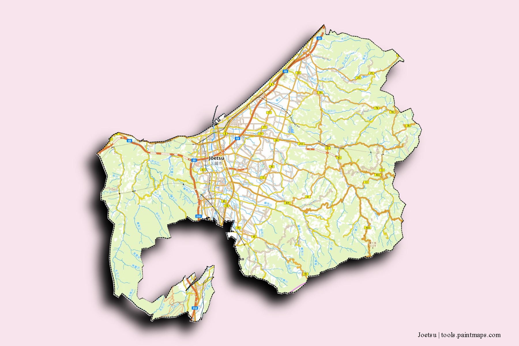 Joetsu neighborhoods and villages map with 3D shadow effect