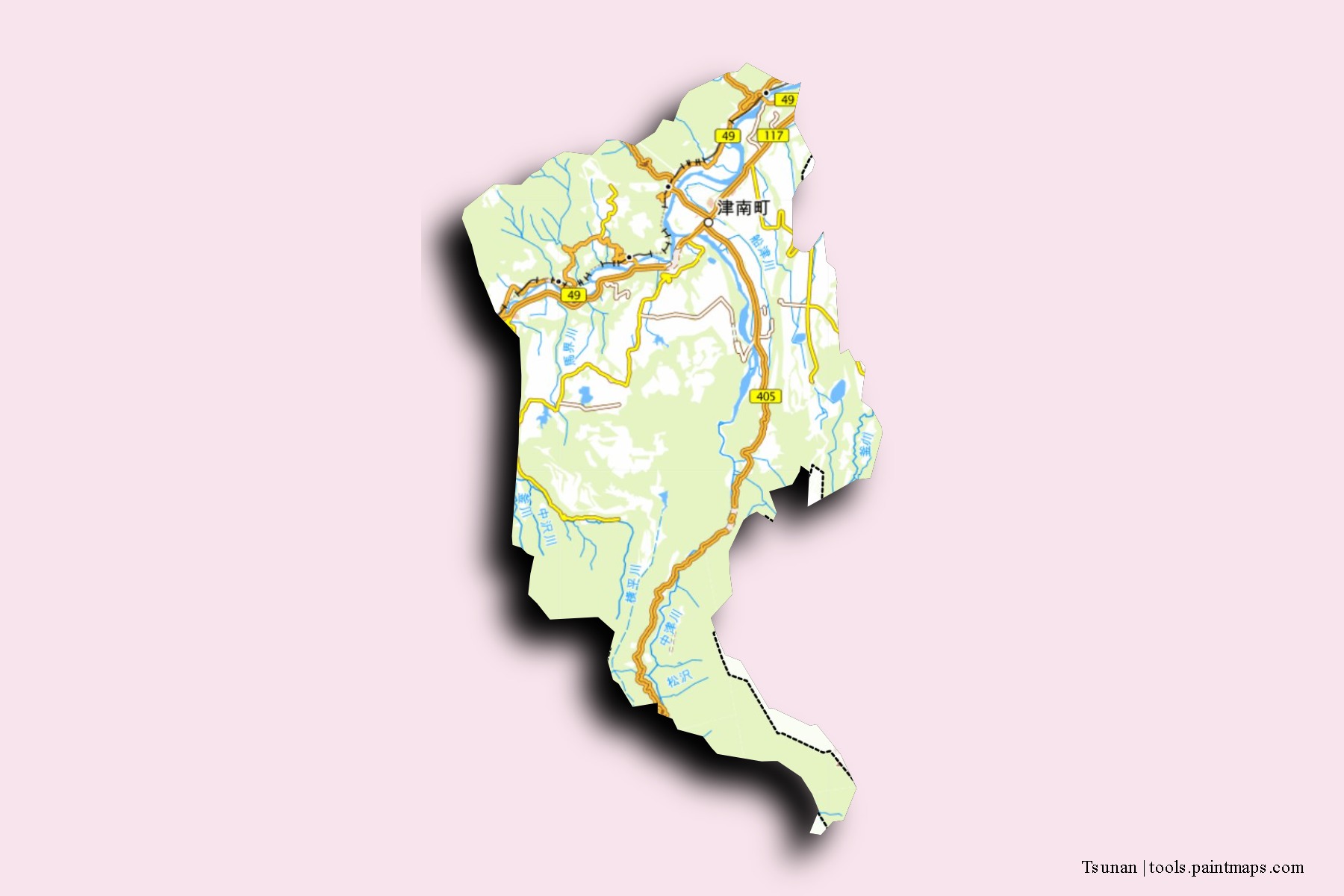 Mapa de barrios y pueblos de Tsunan con efecto de sombra 3D