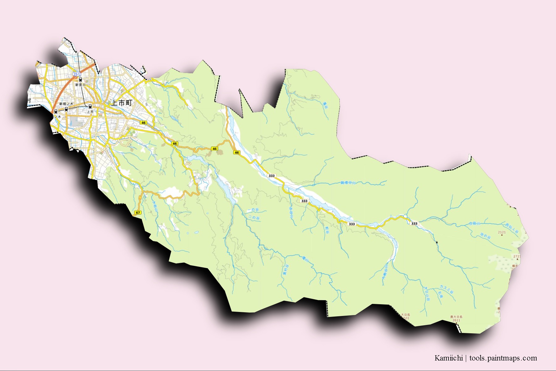 Mapa de barrios y pueblos de Kamiichi con efecto de sombra 3D