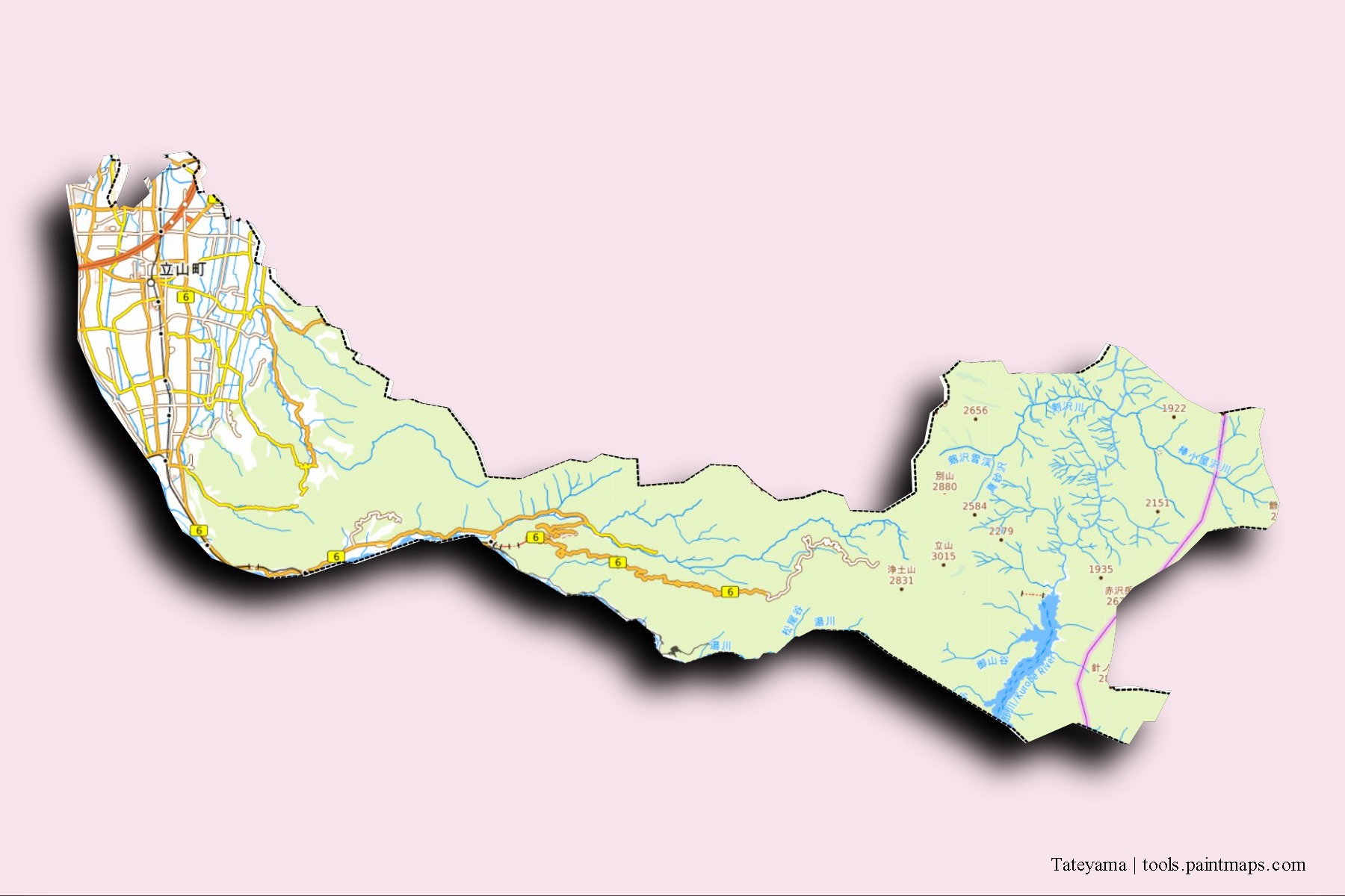 Tateyama neighborhoods and villages map with 3D shadow effect