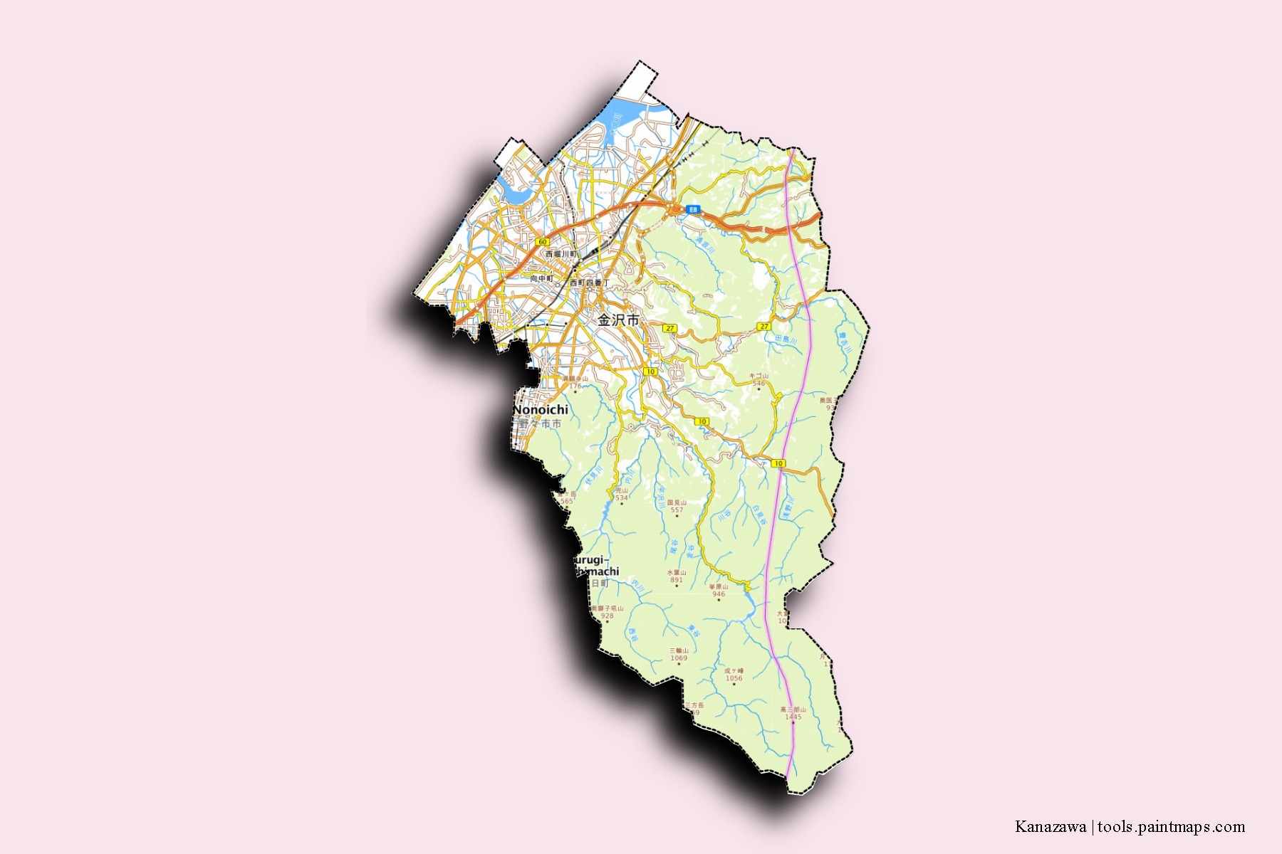 Mapa de barrios y pueblos de Kanazawa con efecto de sombra 3D