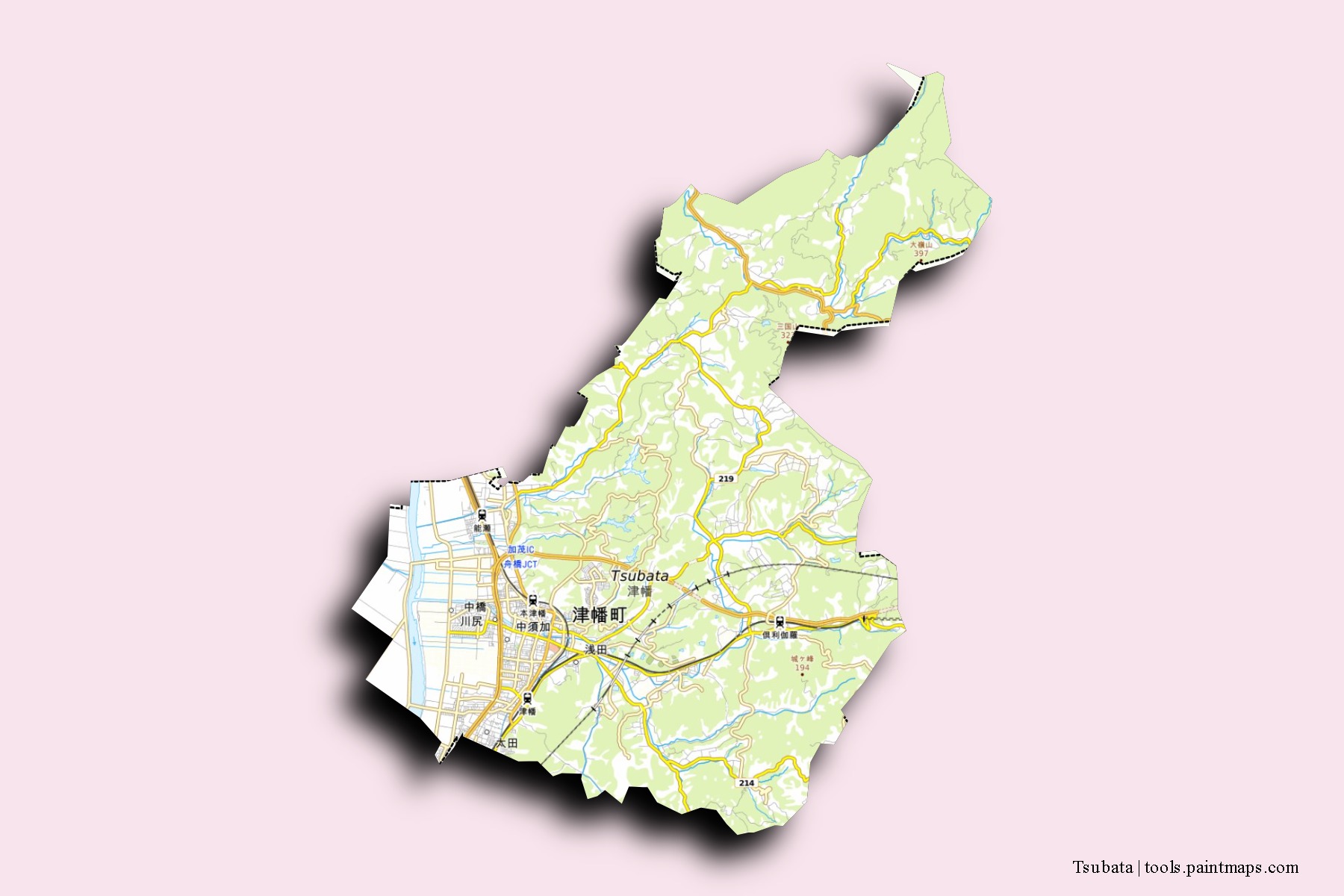 Mapa de barrios y pueblos de Tsubata con efecto de sombra 3D