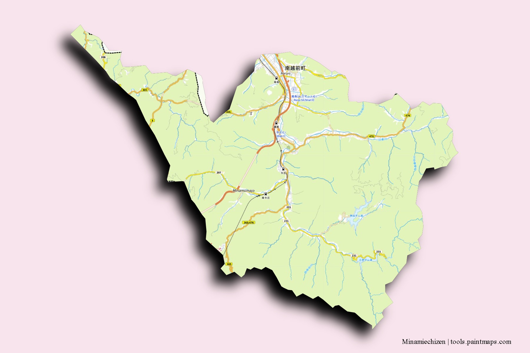 Mapa de barrios y pueblos de Minamiechizen con efecto de sombra 3D