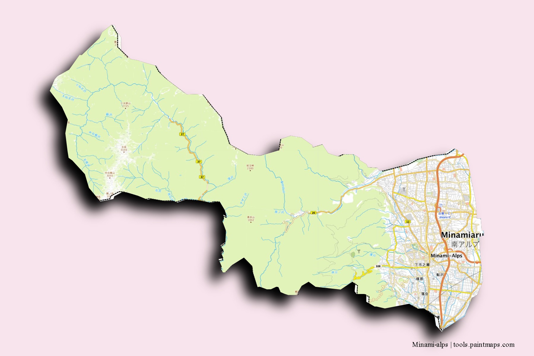 Mapa de barrios y pueblos de Minami-alps con efecto de sombra 3D