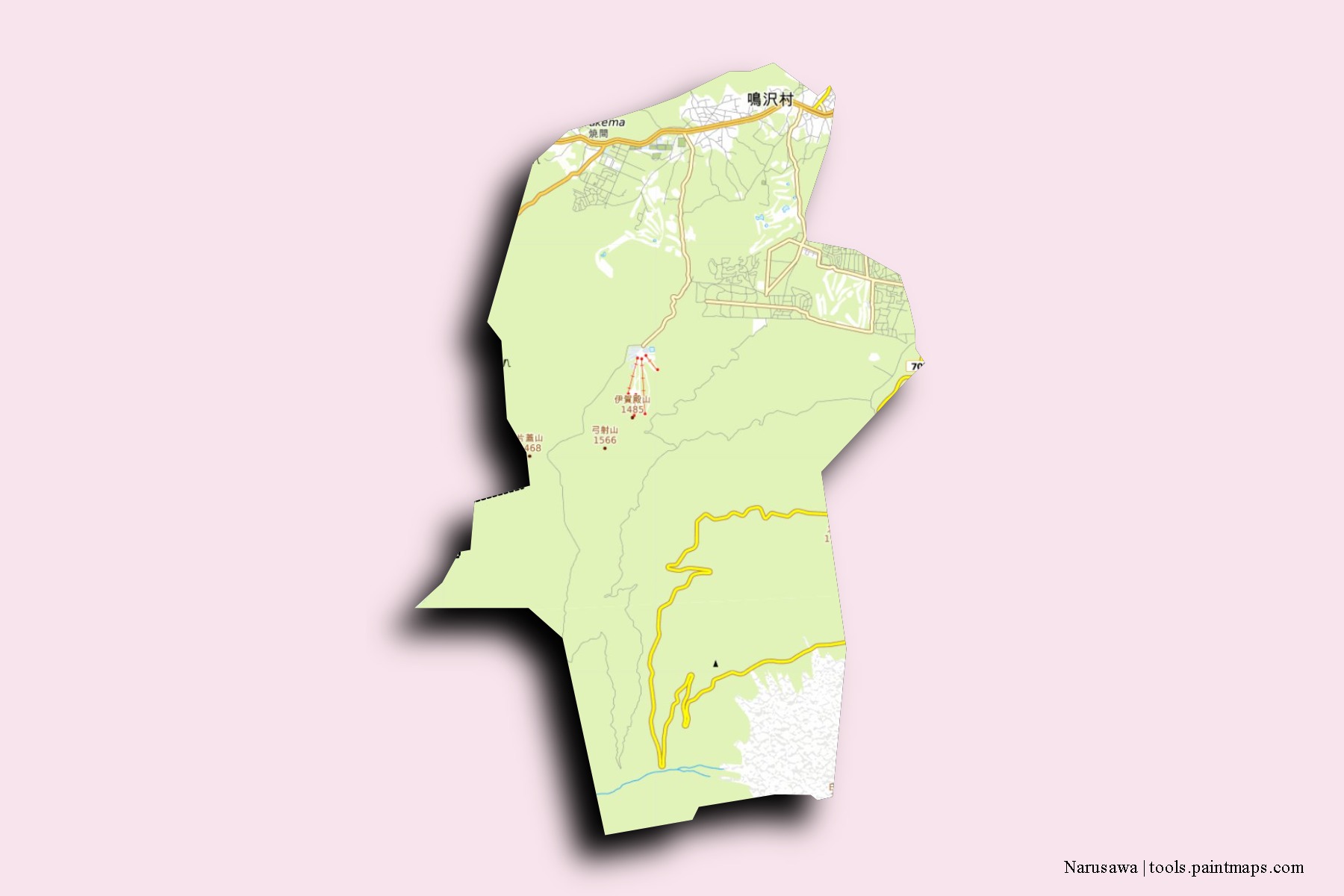 Narusawa neighborhoods and villages map with 3D shadow effect