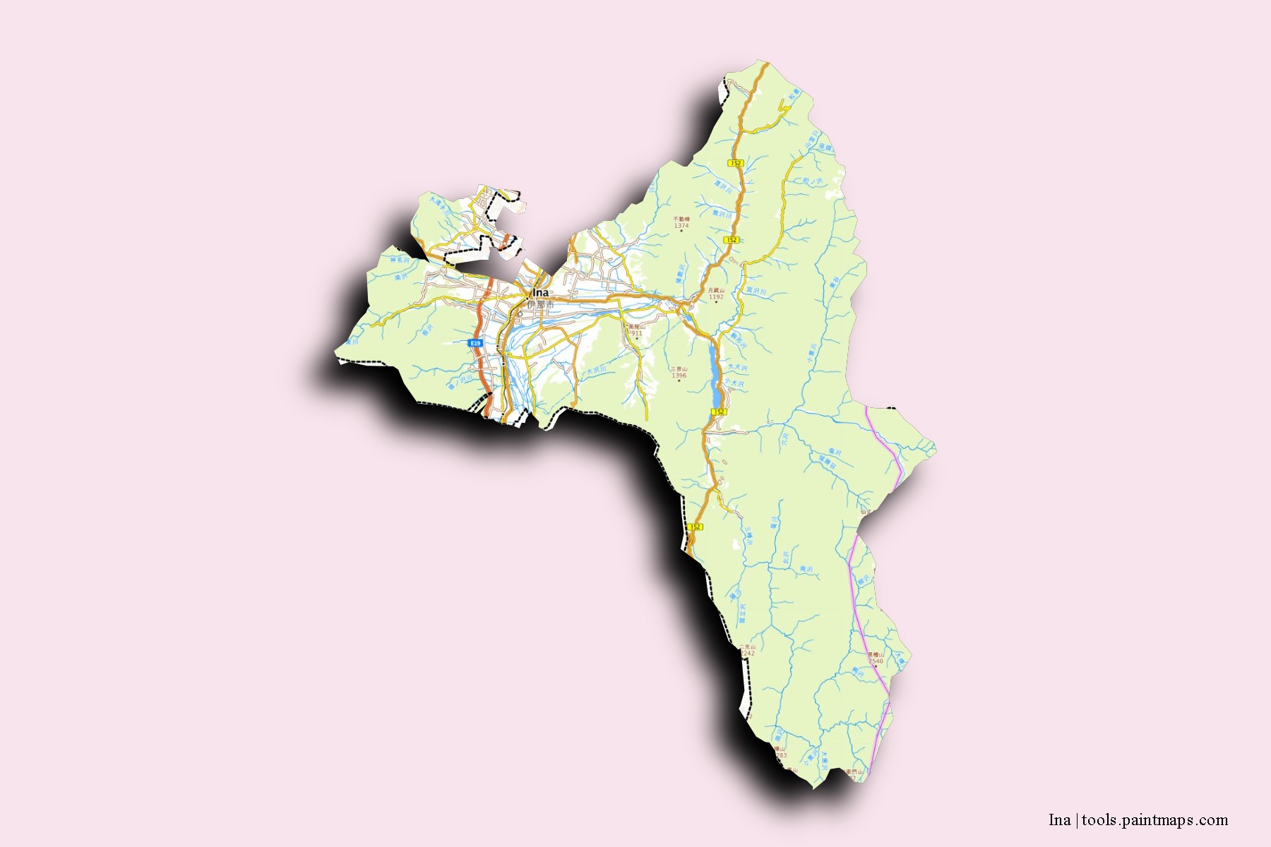 Mapa de barrios y pueblos de Ina con efecto de sombra 3D