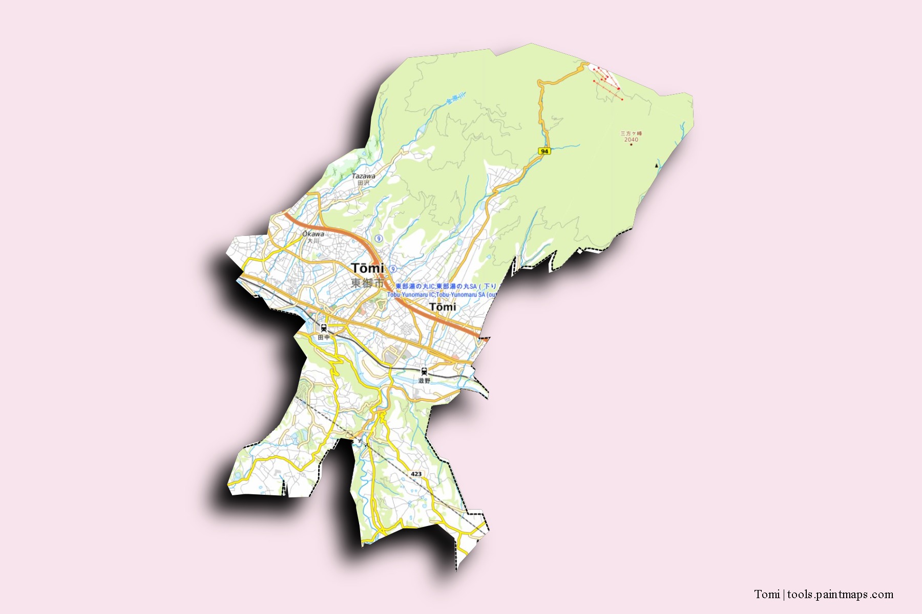 Mapa de barrios y pueblos de Tomi con efecto de sombra 3D