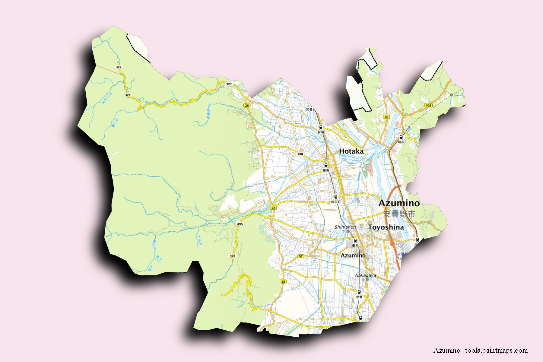 Azumino neighborhoods and villages map with 3D shadow effect