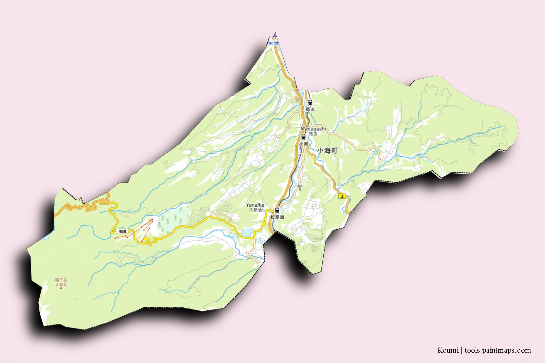 Mapa de barrios y pueblos de Koumi con efecto de sombra 3D