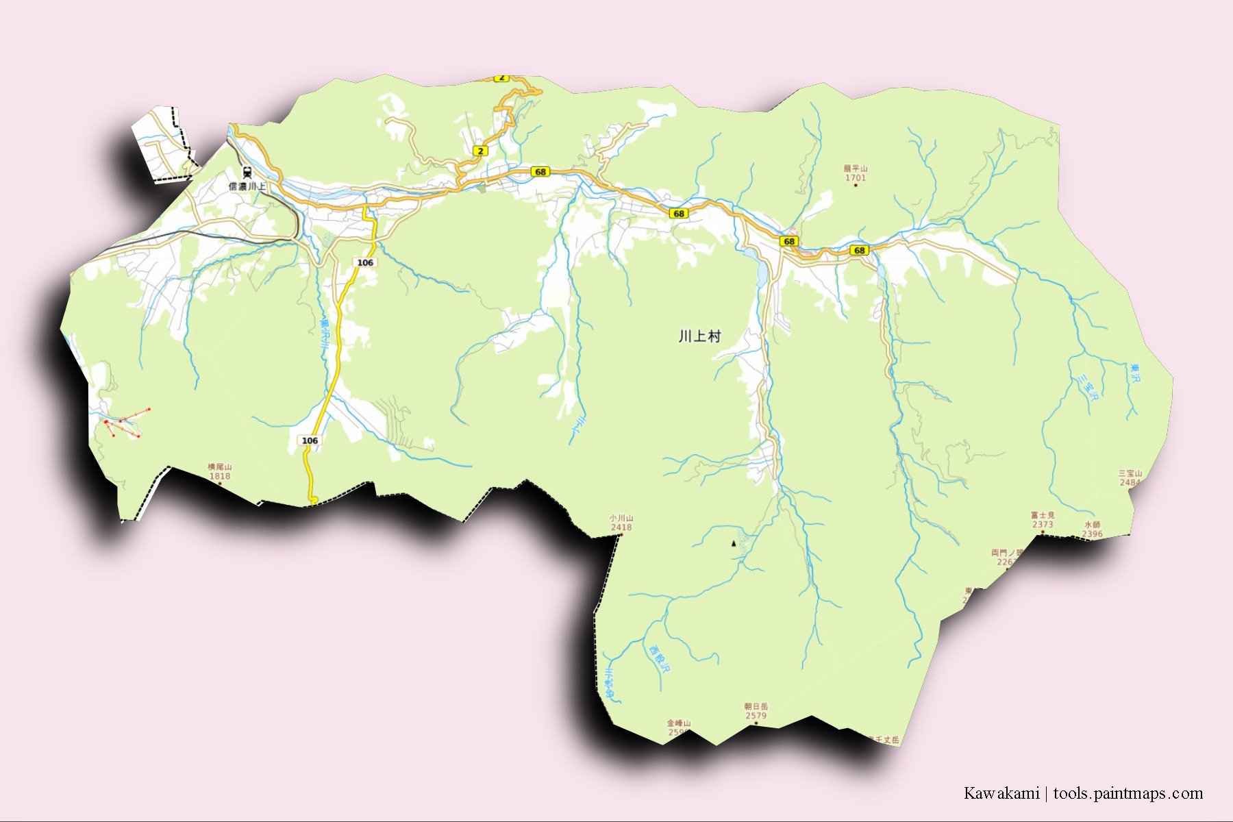 Kawakami neighborhoods and villages map with 3D shadow effect