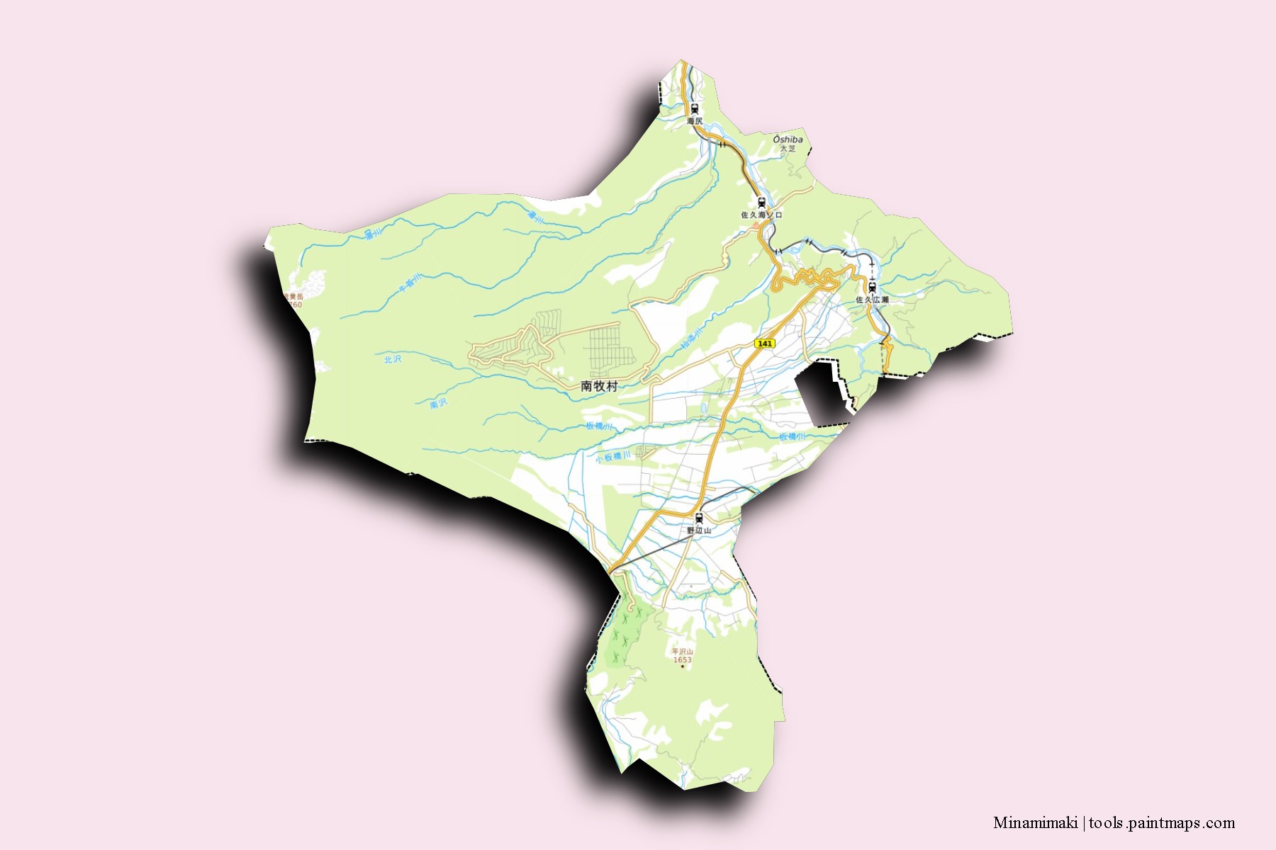 Minamimaki neighborhoods and villages map with 3D shadow effect