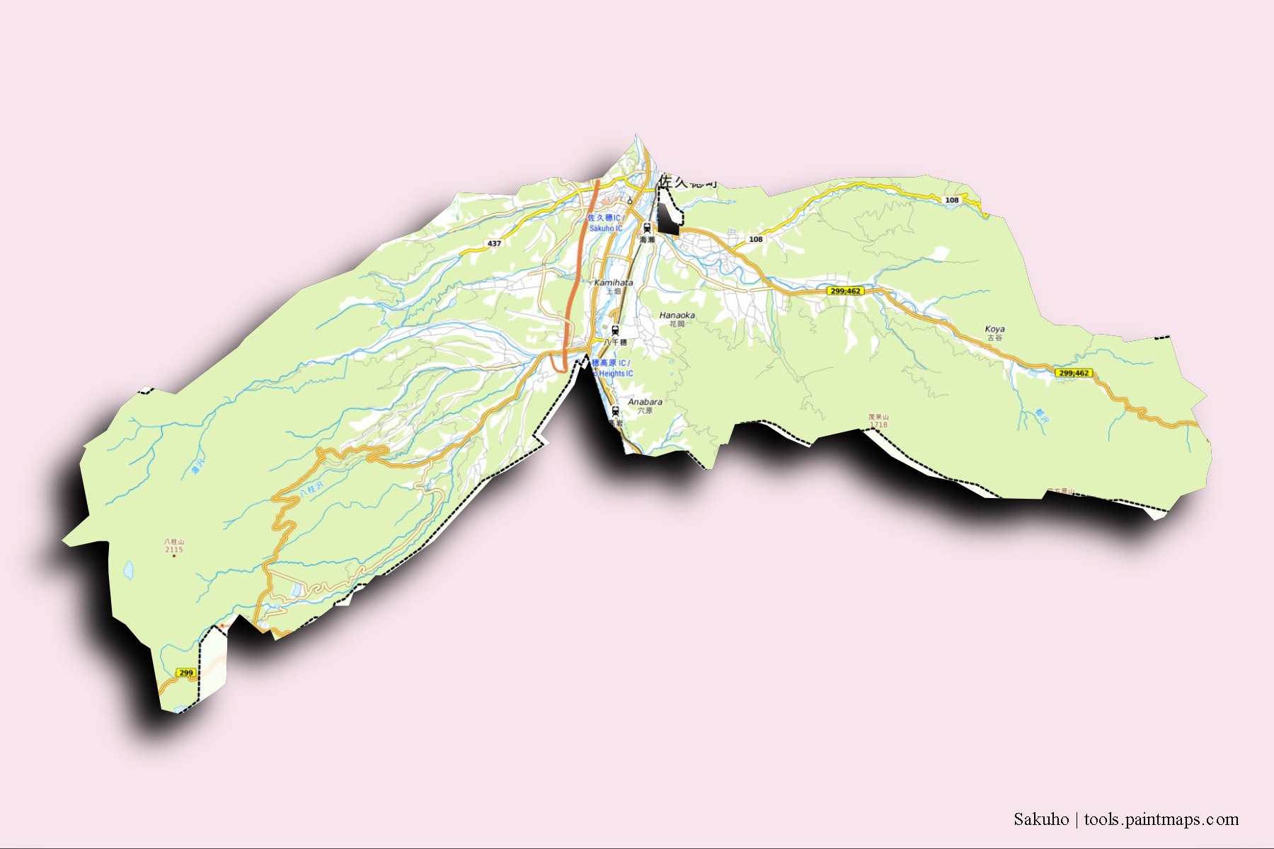 Sakuho neighborhoods and villages map with 3D shadow effect