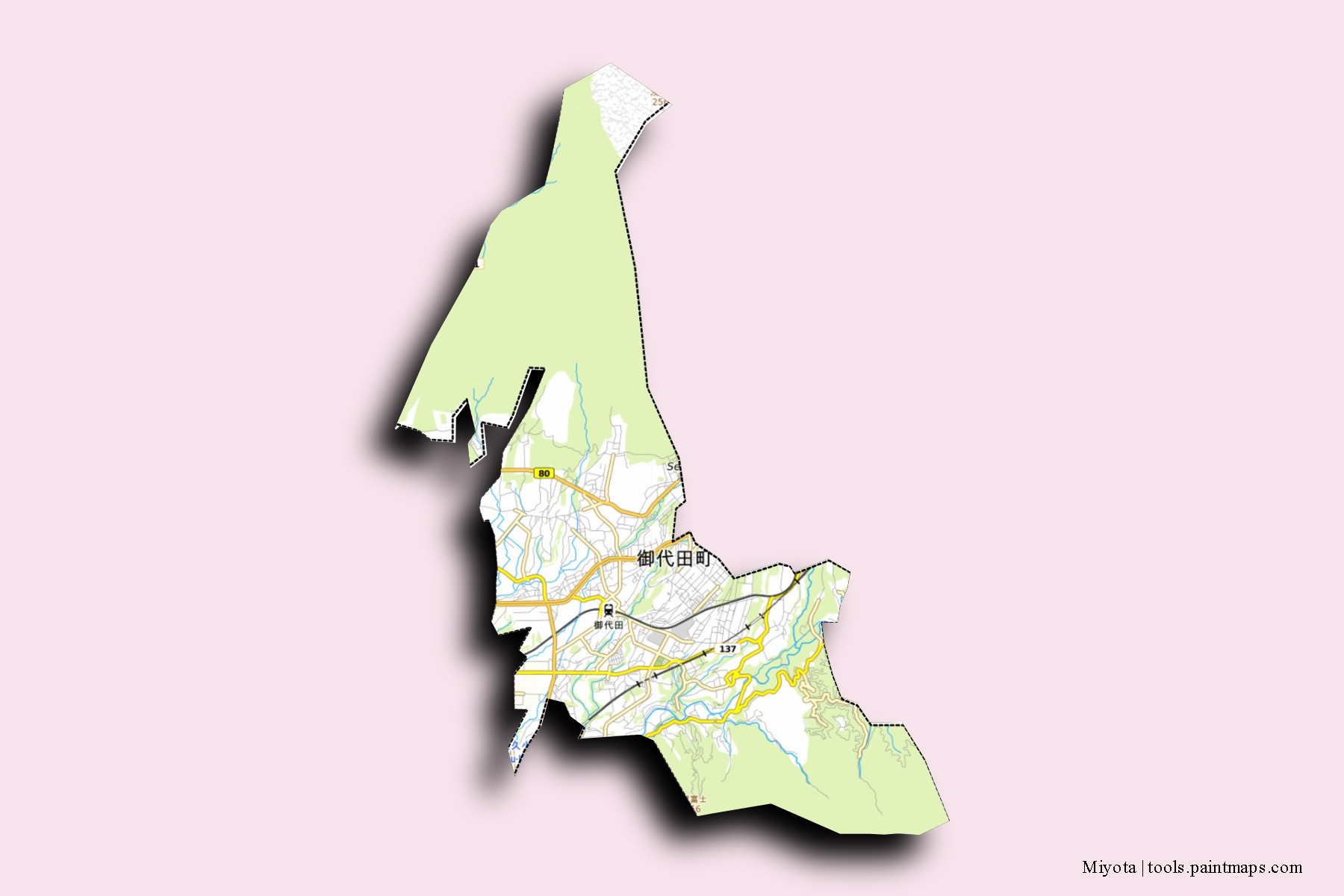 Mapa de barrios y pueblos de Miyota con efecto de sombra 3D