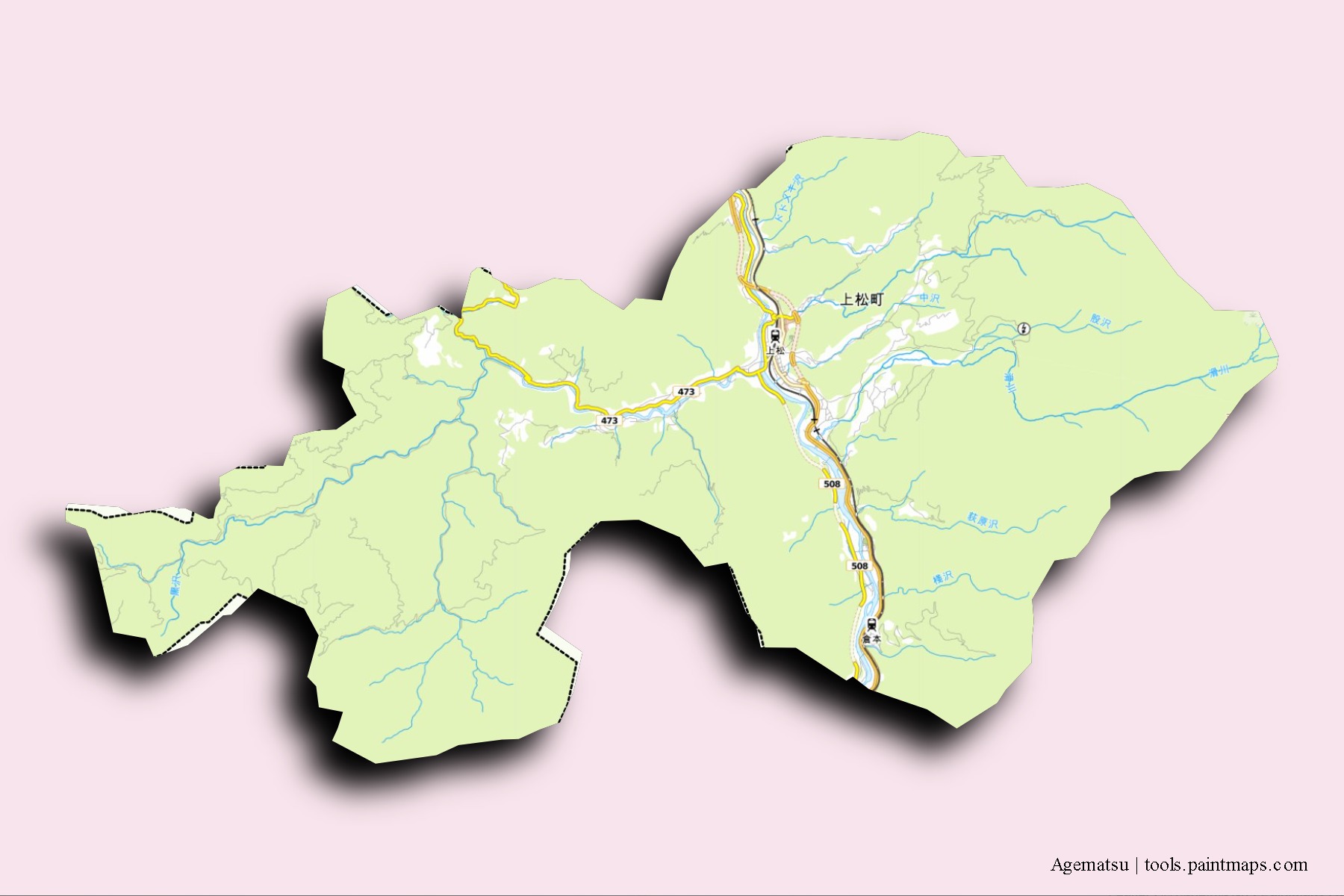 Mapa de barrios y pueblos de Agematsu con efecto de sombra 3D