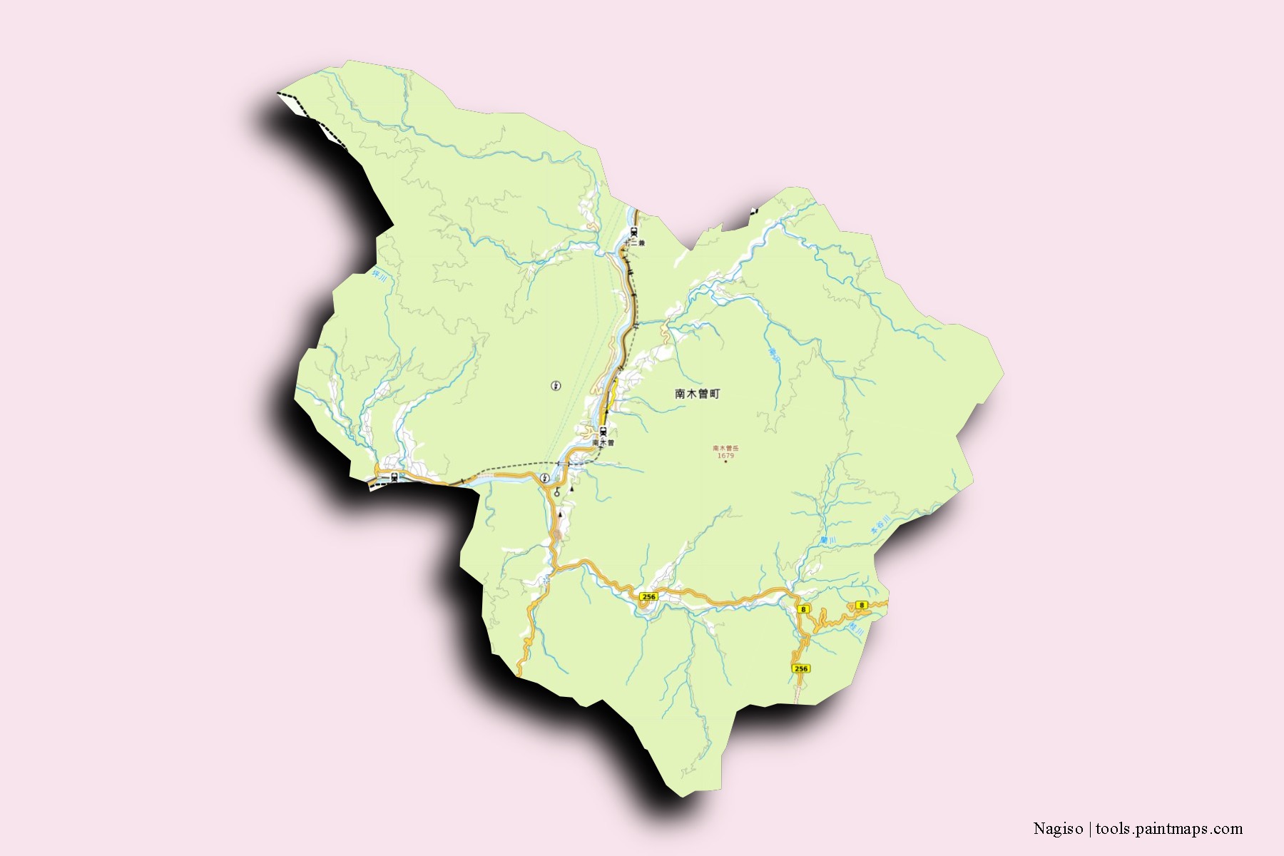 Mapa de barrios y pueblos de Nagiso con efecto de sombra 3D