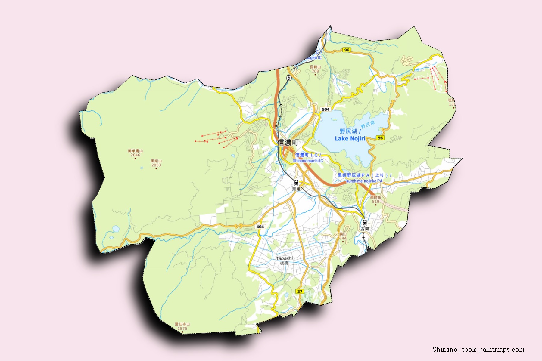 Shinano neighborhoods and villages map with 3D shadow effect