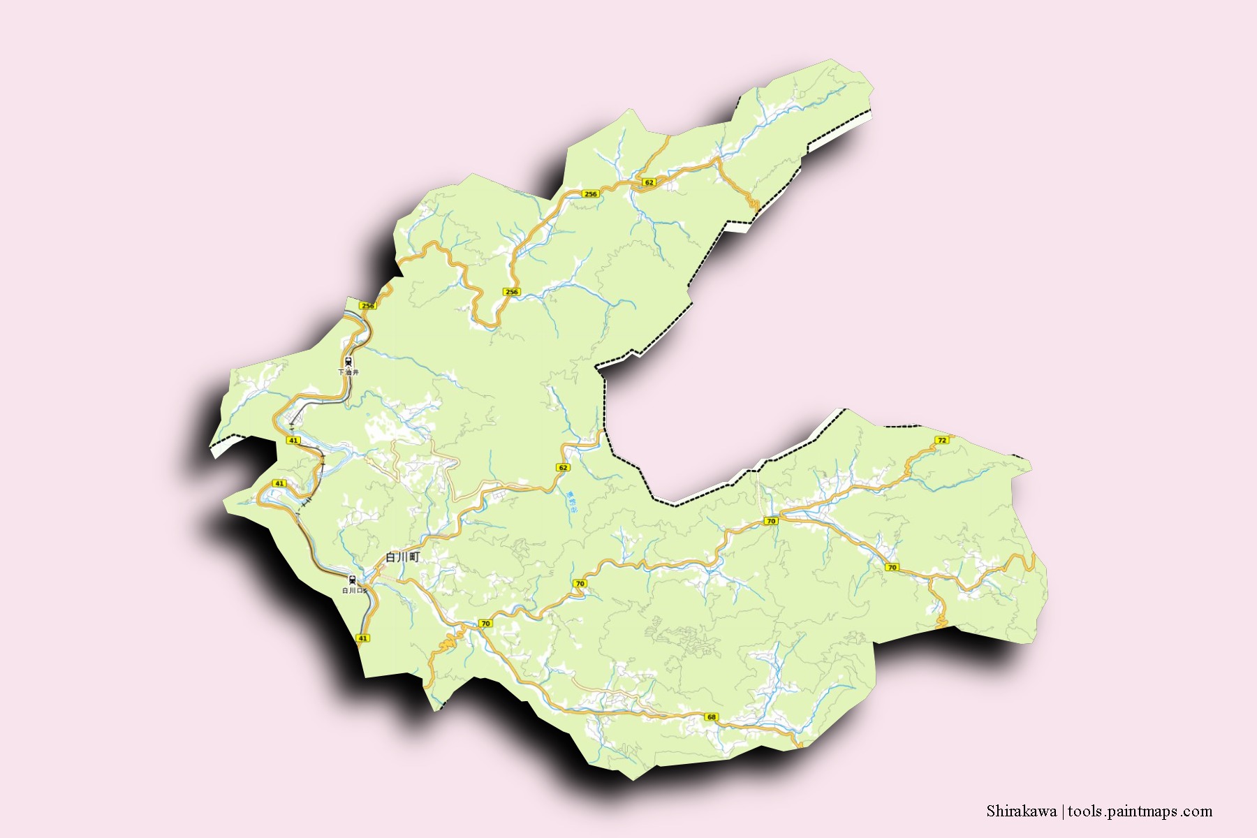 Shirakawa neighborhoods and villages map with 3D shadow effect