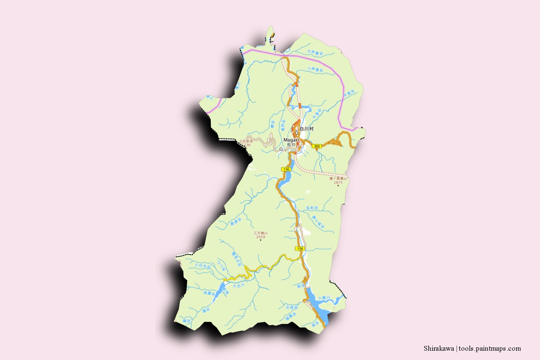 Shirakawa neighborhoods and villages map with 3D shadow effect