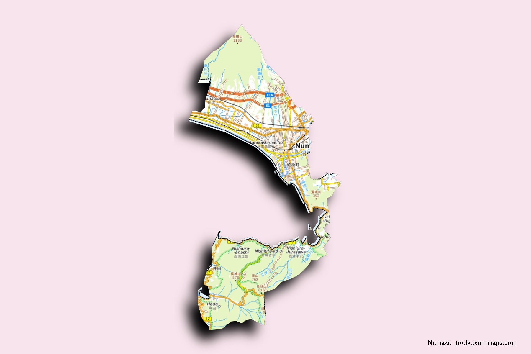 Mapa de barrios y pueblos de Numazu con efecto de sombra 3D