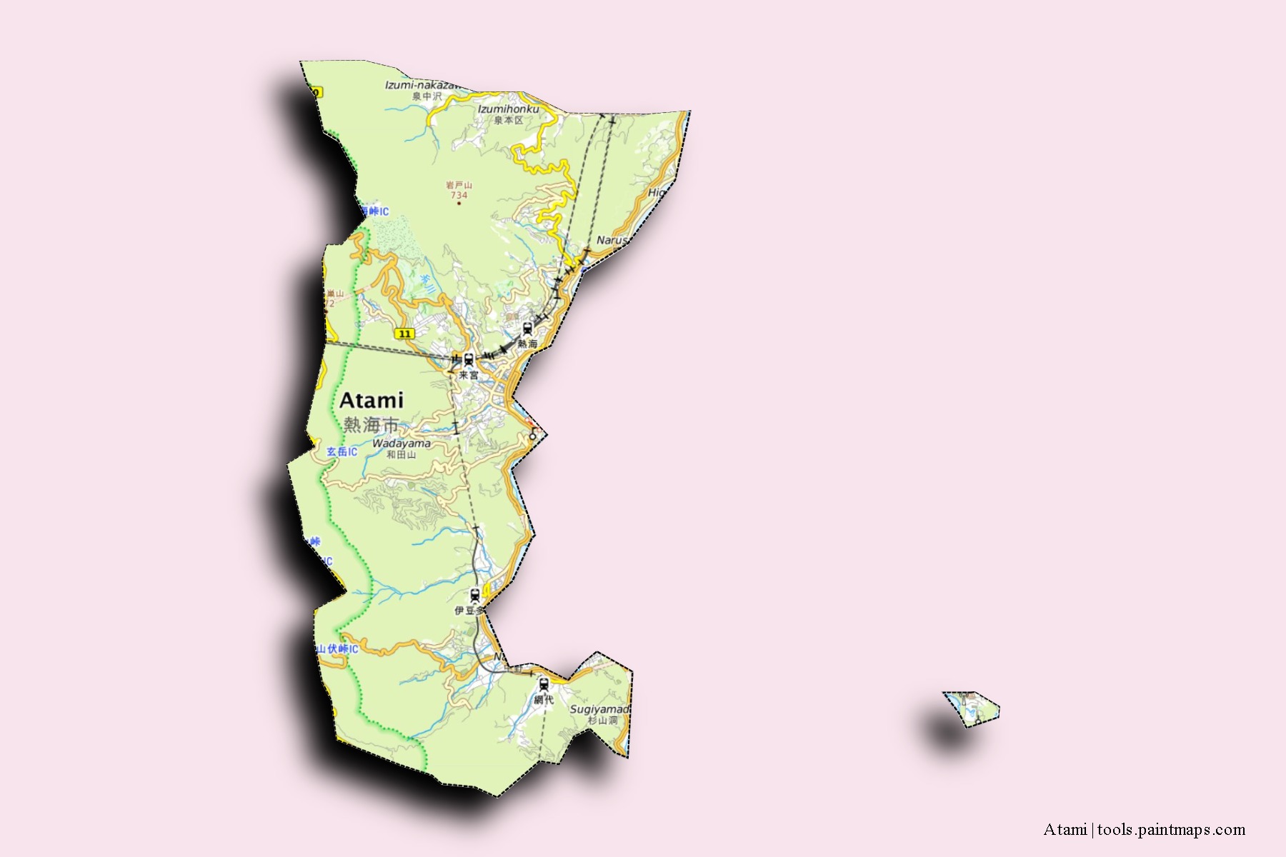 Mapa de barrios y pueblos de Atami con efecto de sombra 3D