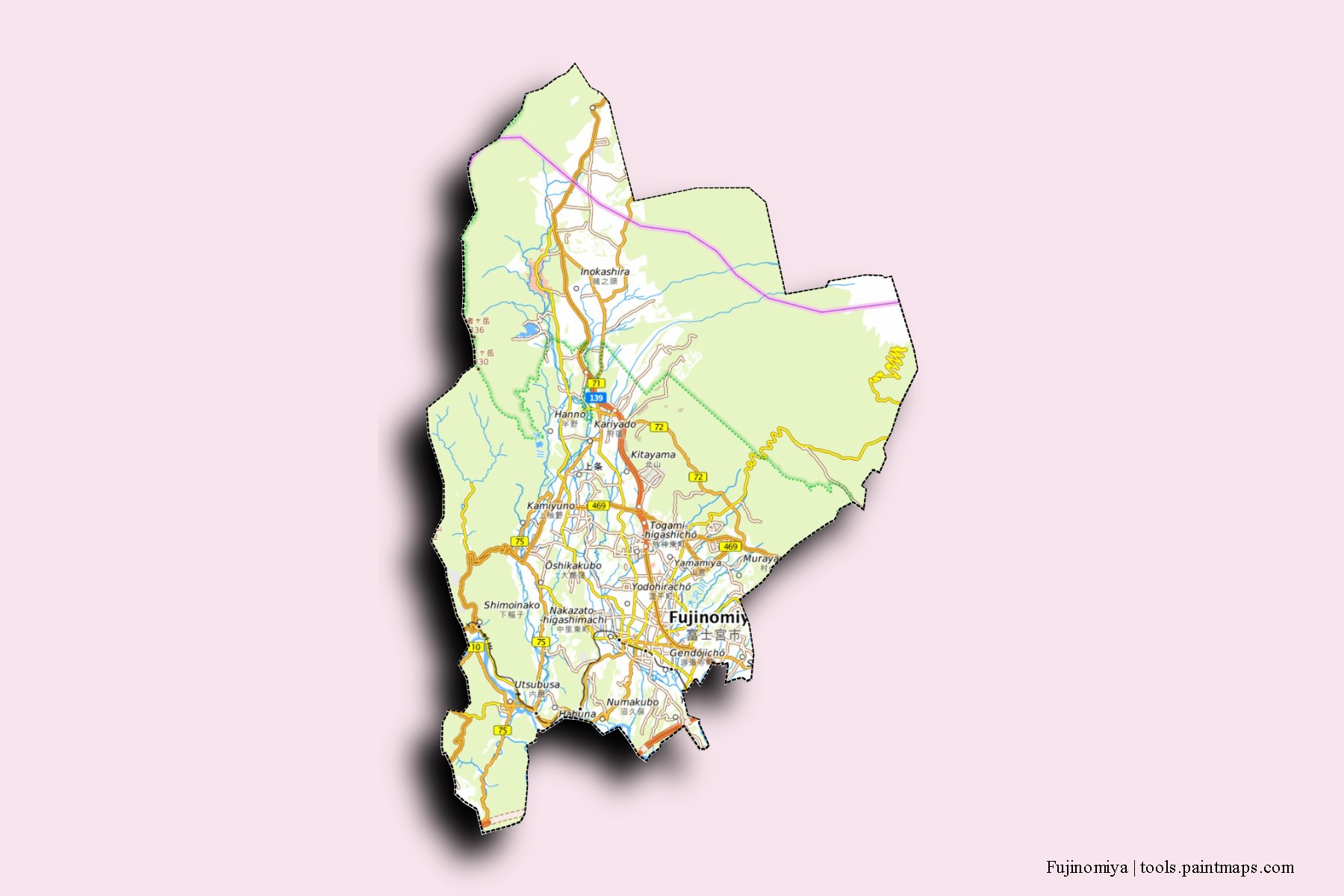 Mapa de barrios y pueblos de Fujinomiya con efecto de sombra 3D