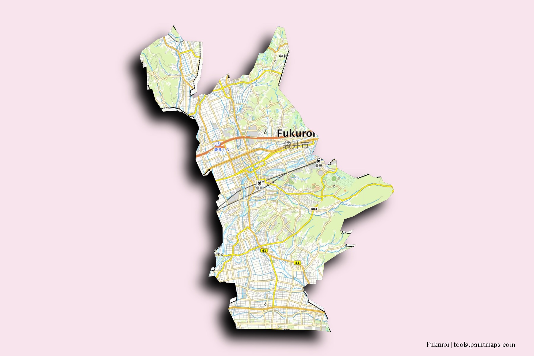 Mapa de barrios y pueblos de Fukuroi con efecto de sombra 3D