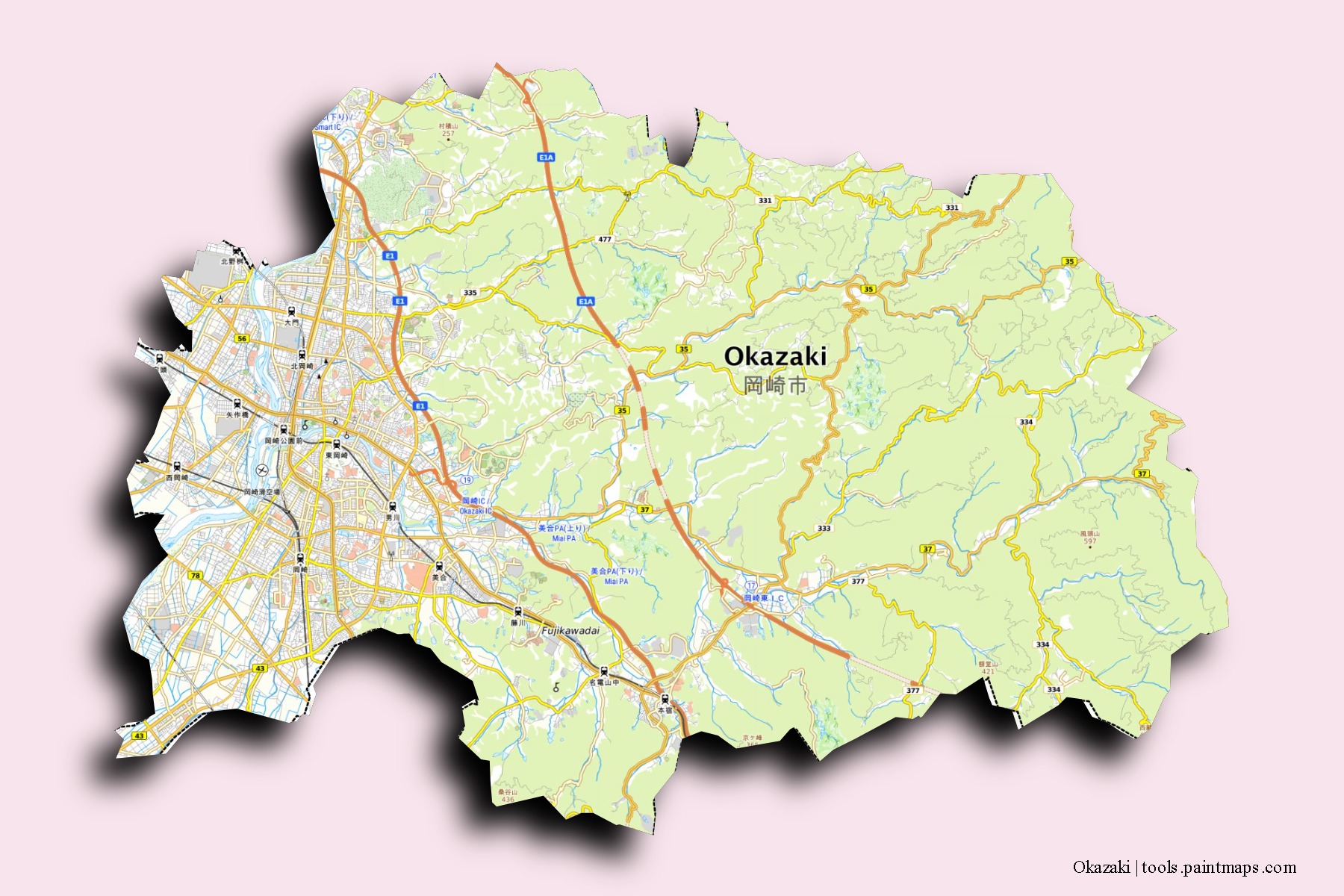 Mapa de barrios y pueblos de Okazaki con efecto de sombra 3D