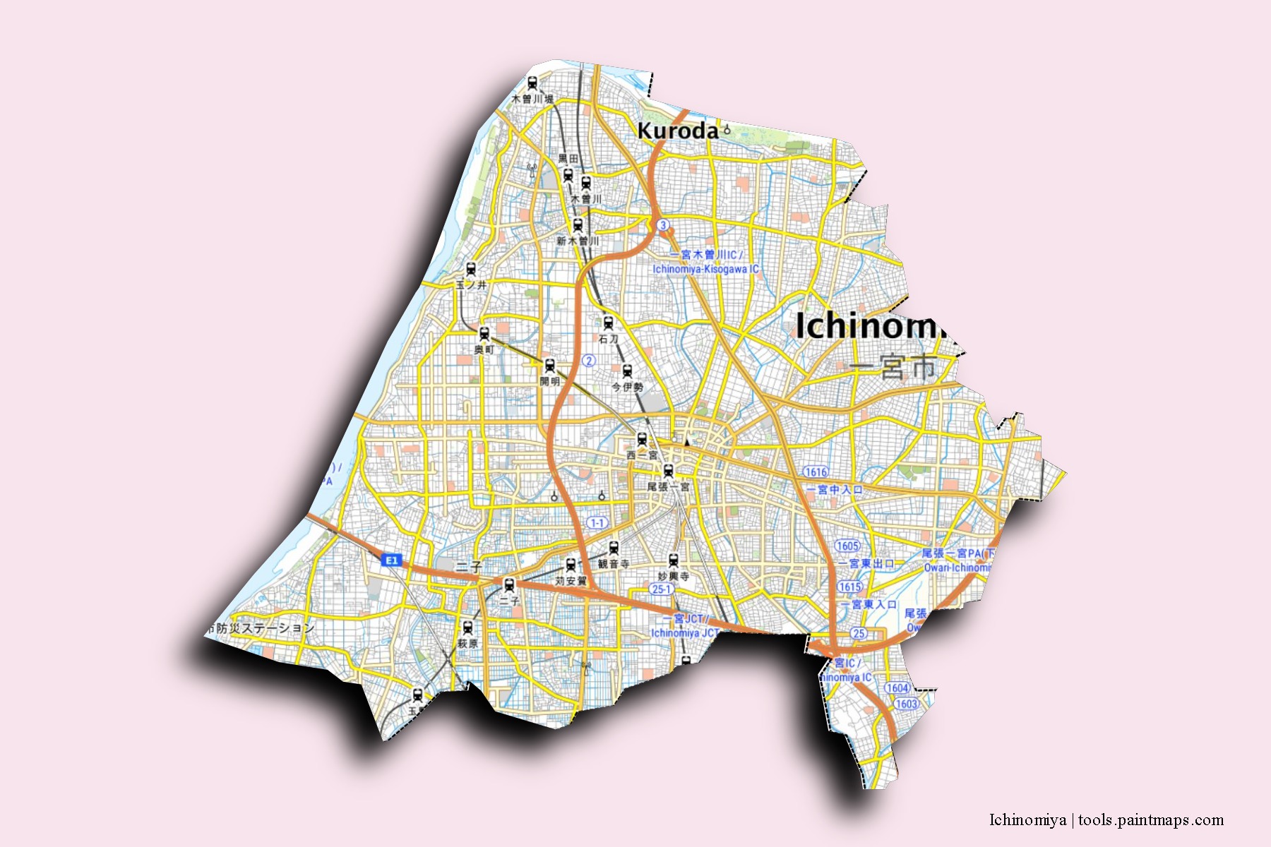 Ichinomiya neighborhoods and villages map with 3D shadow effect