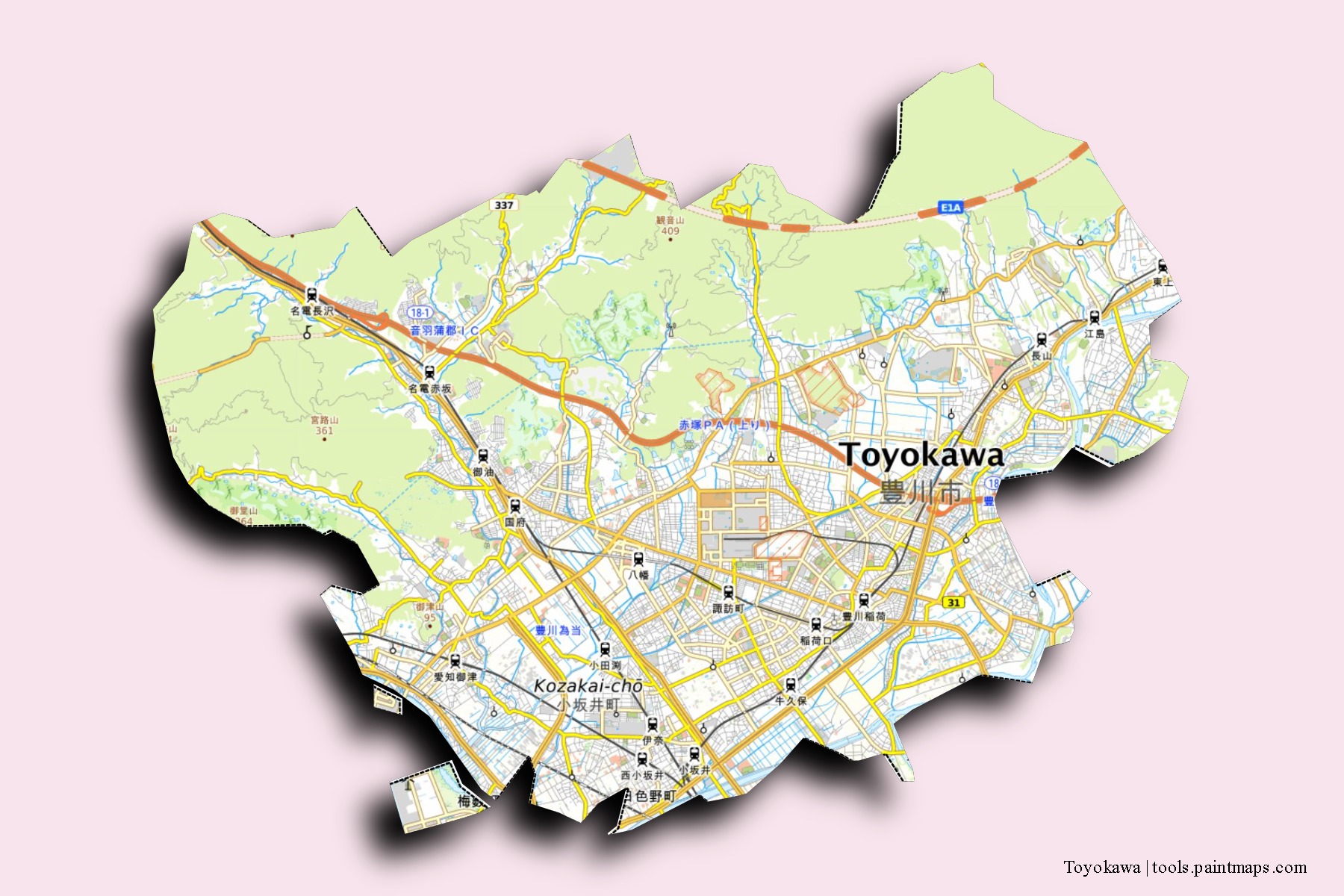 Mapa de barrios y pueblos de Toyokawa con efecto de sombra 3D