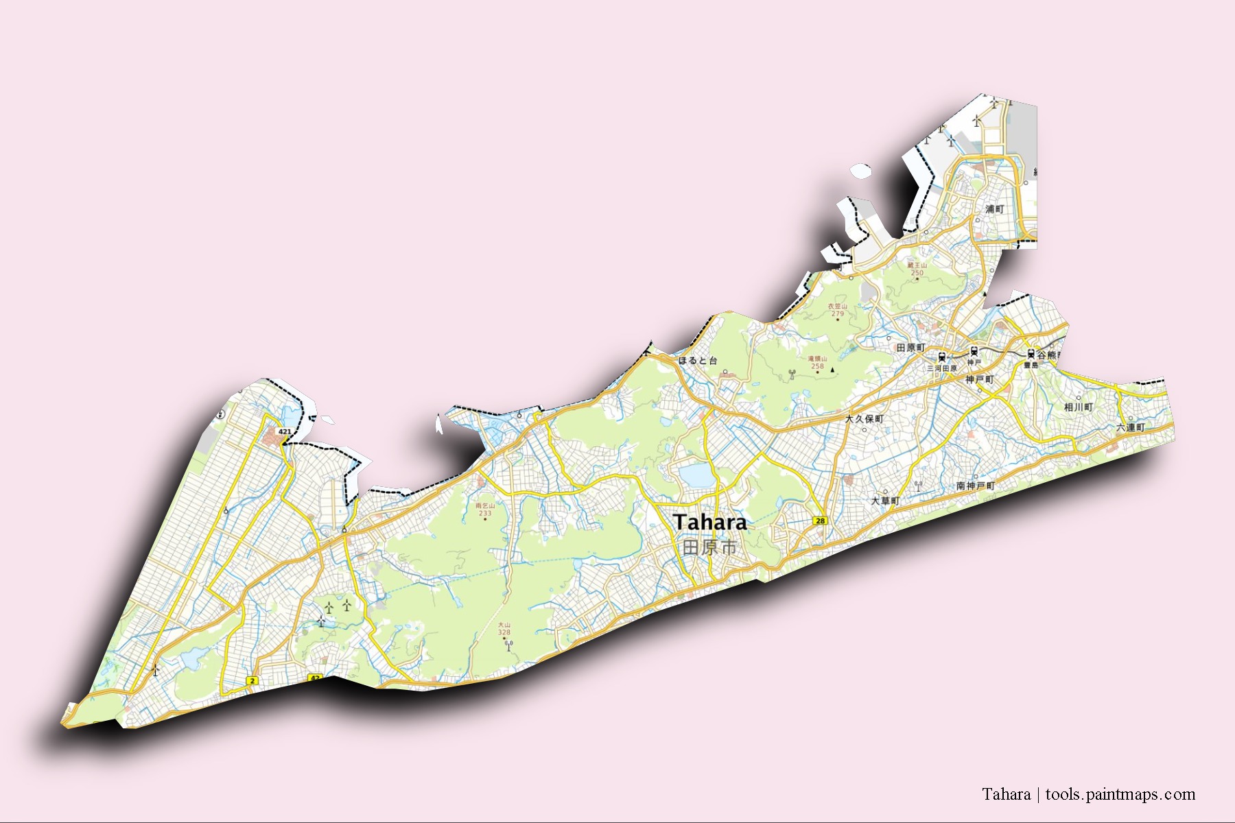 Mapa de barrios y pueblos de Tahara con efecto de sombra 3D