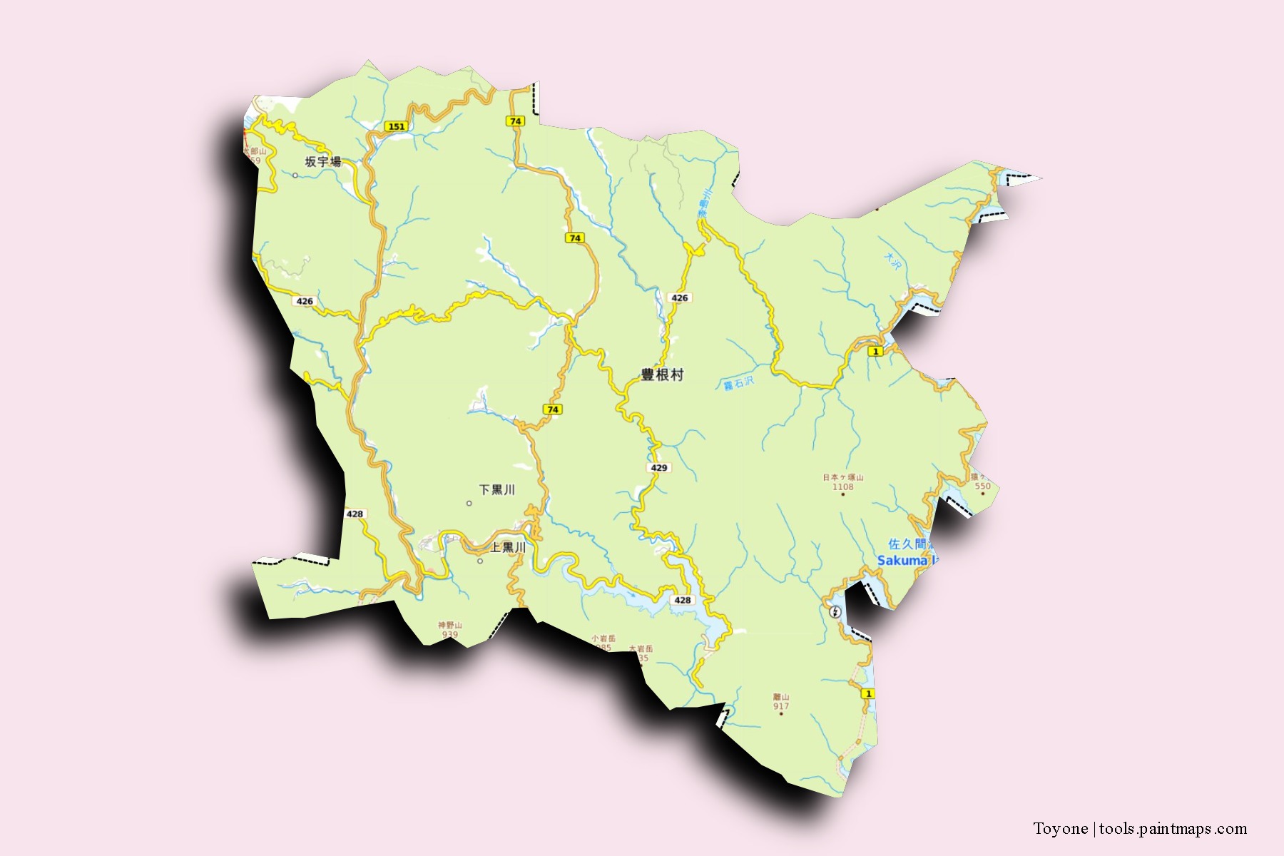 Mapa de barrios y pueblos de Toyone con efecto de sombra 3D