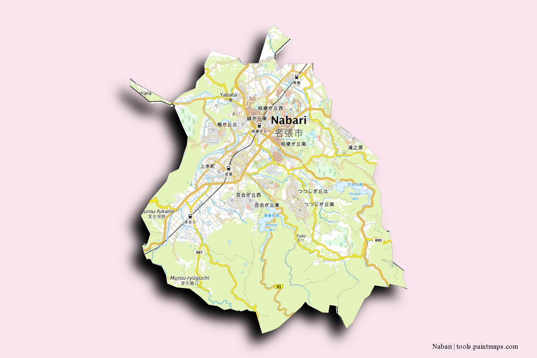 Nabari neighborhoods and villages map with 3D shadow effect