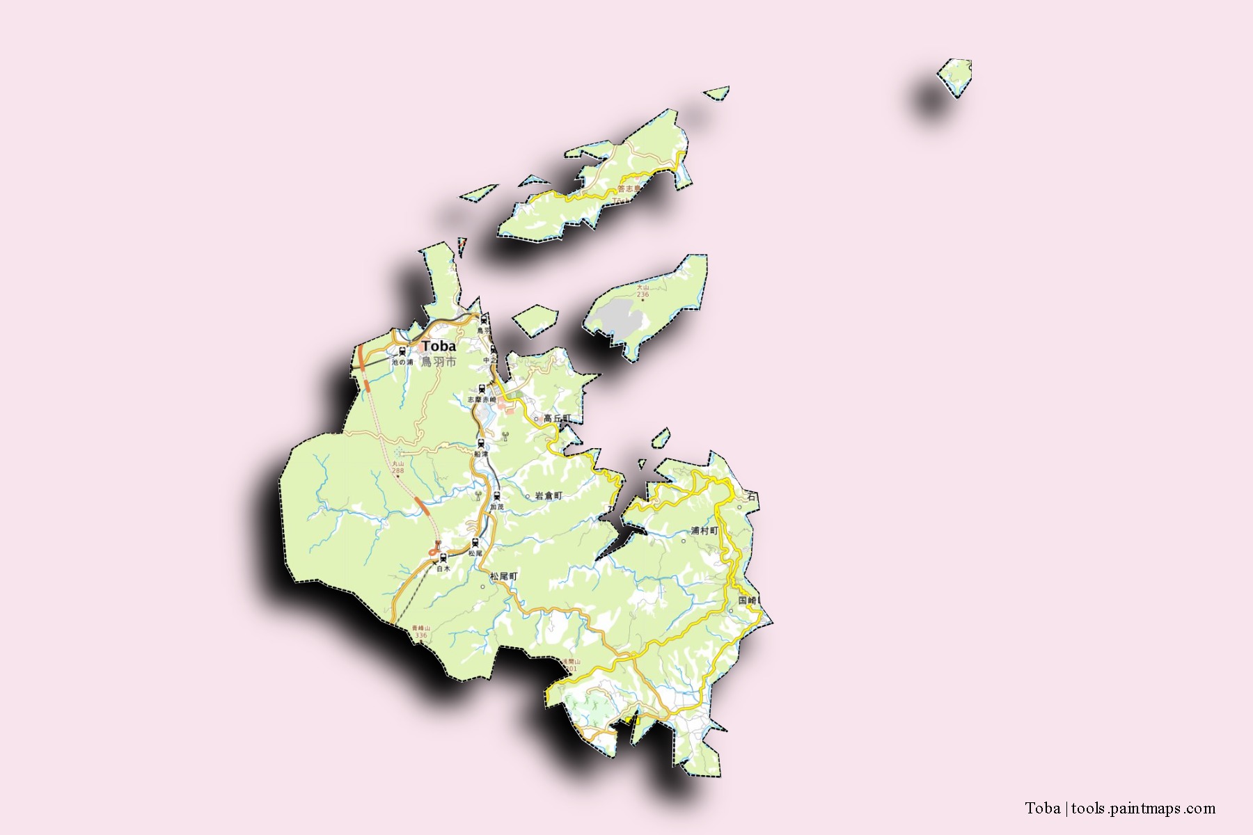 Toba neighborhoods and villages map with 3D shadow effect