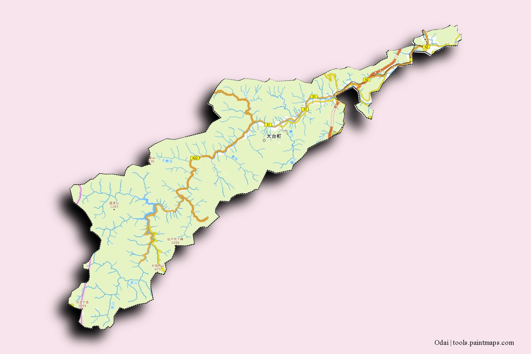 Odai neighborhoods and villages map with 3D shadow effect