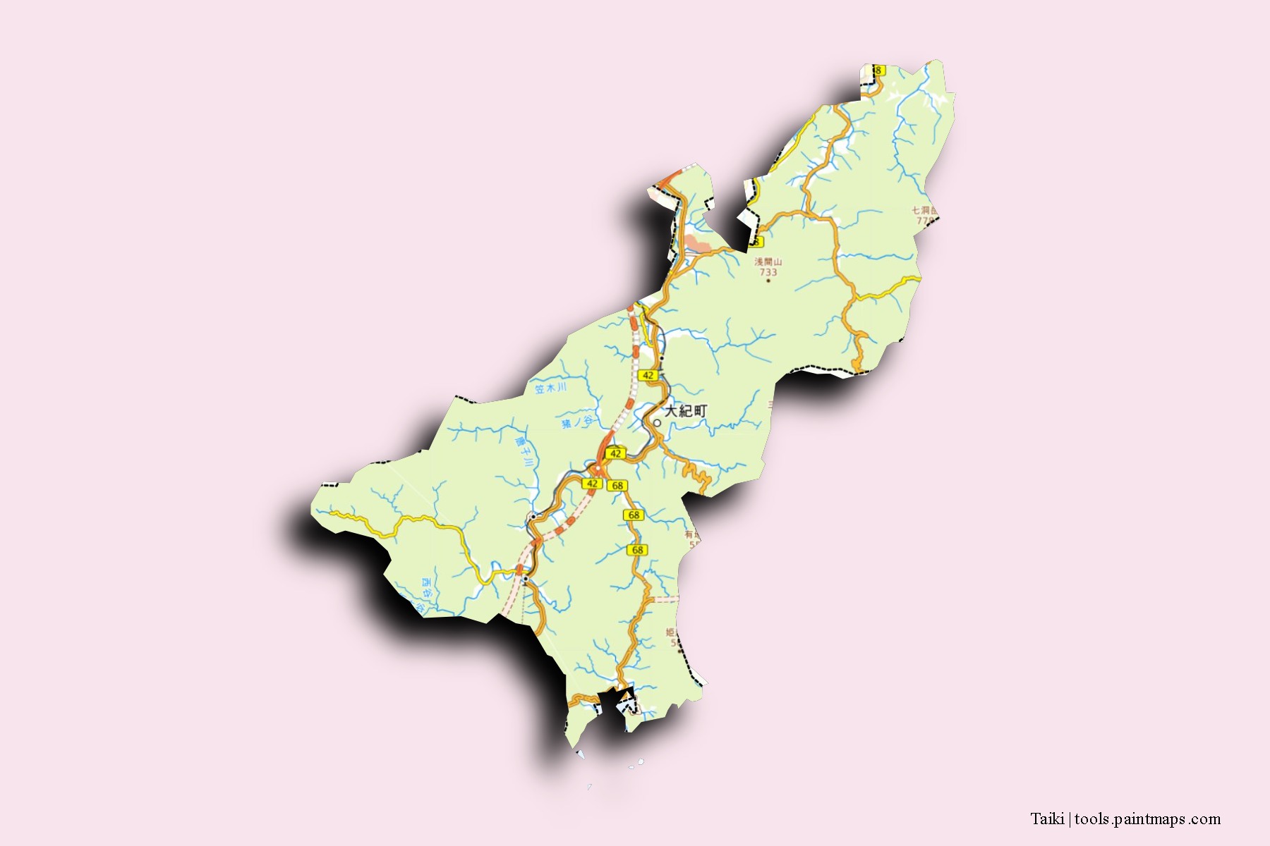 Mapa de barrios y pueblos de Taiki con efecto de sombra 3D