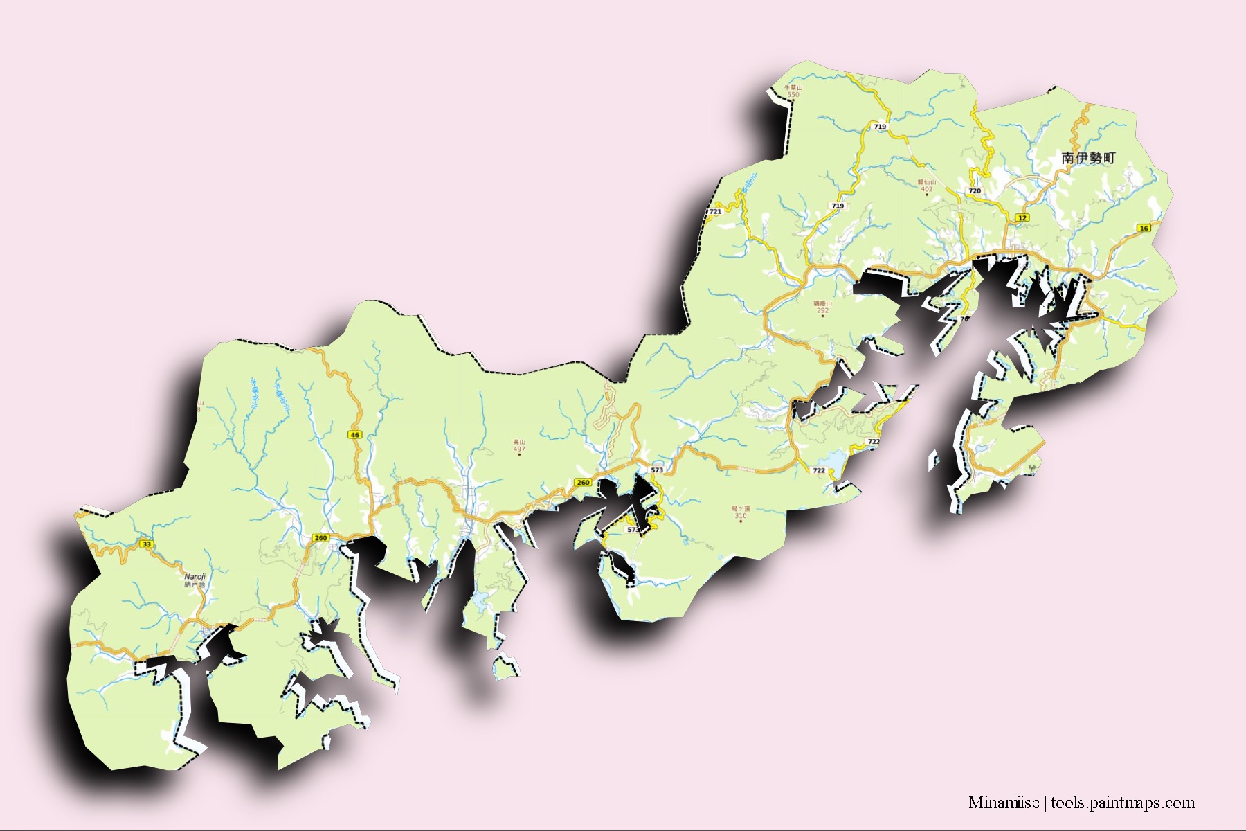 Minamiise neighborhoods and villages map with 3D shadow effect