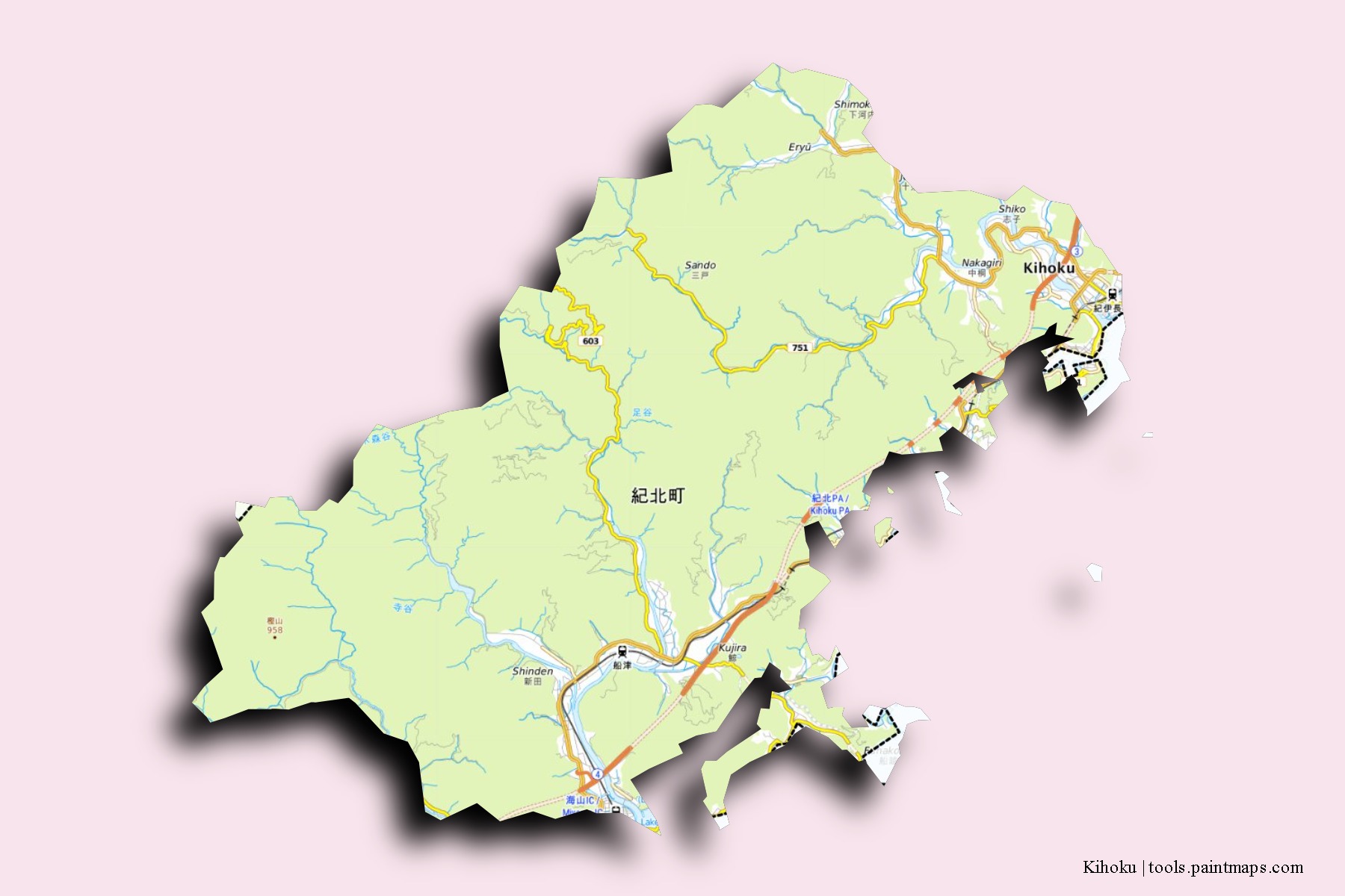 Kihoku neighborhoods and villages map with 3D shadow effect