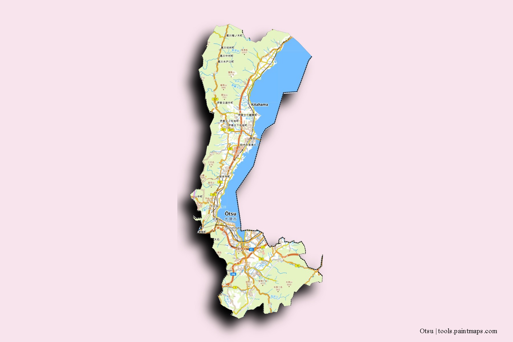 Mapa de barrios y pueblos de Otsu con efecto de sombra 3D