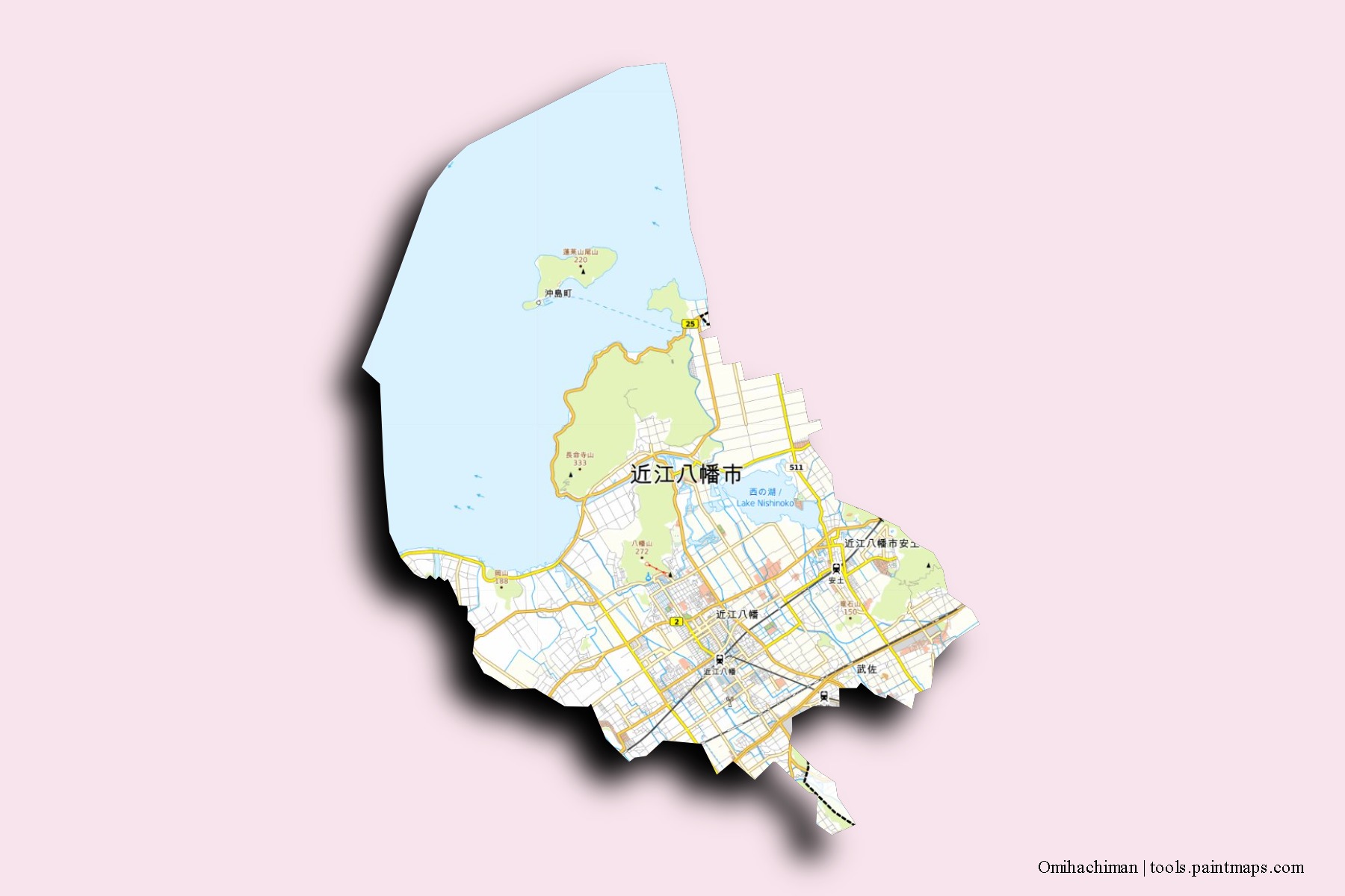 Mapa de barrios y pueblos de Omihachiman con efecto de sombra 3D