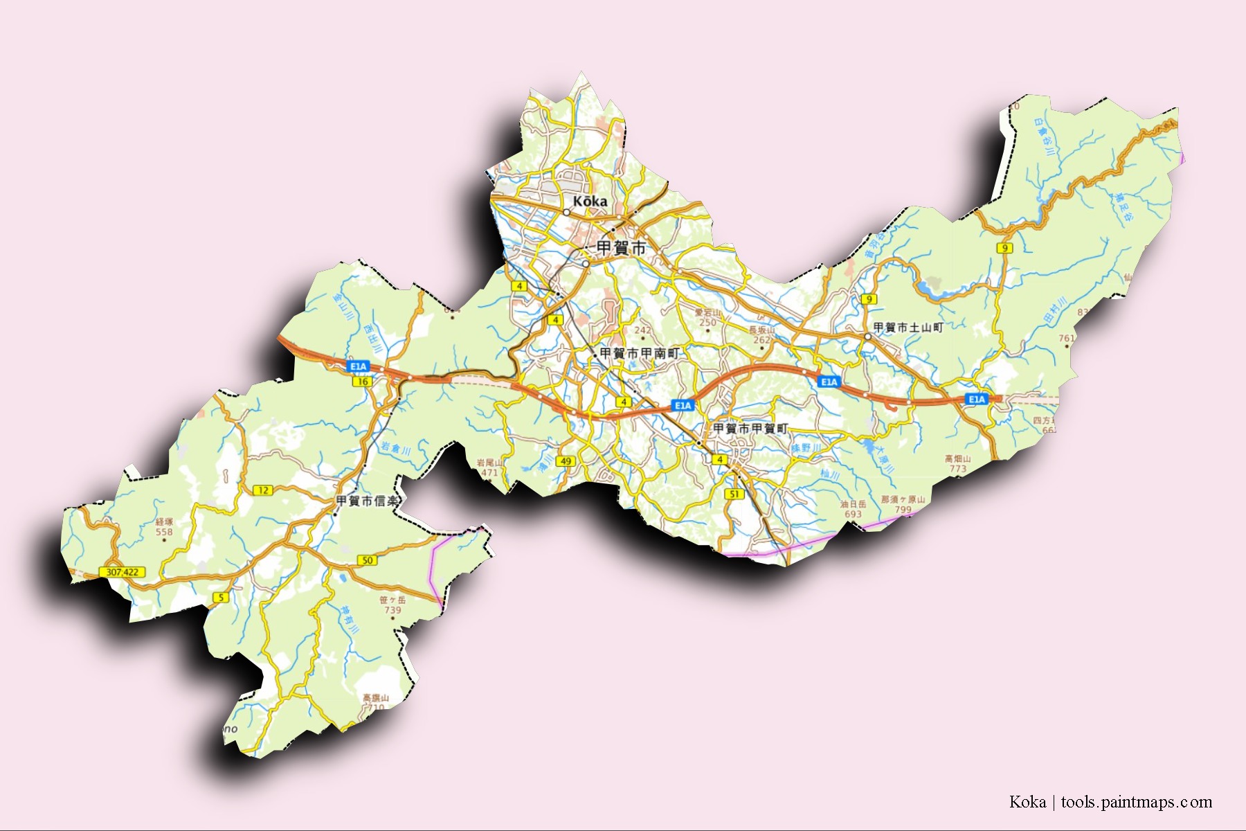 Mapa de barrios y pueblos de Koka con efecto de sombra 3D