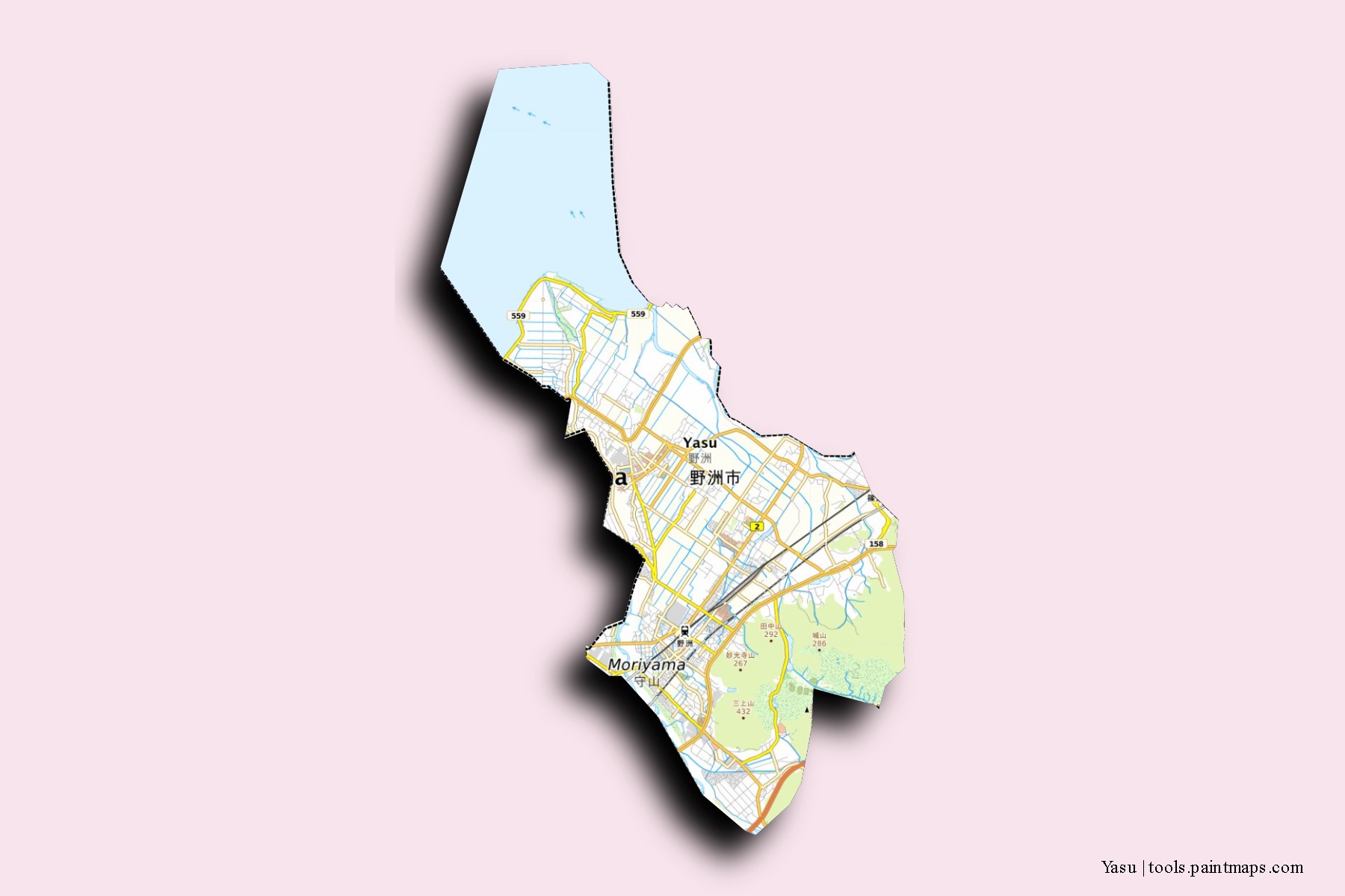 Mapa de barrios y pueblos de Yasu con efecto de sombra 3D