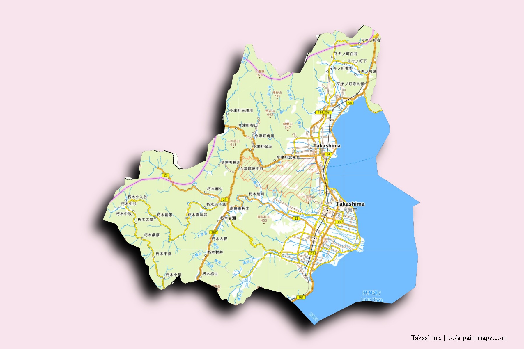 Mapa de barrios y pueblos de Takashima con efecto de sombra 3D